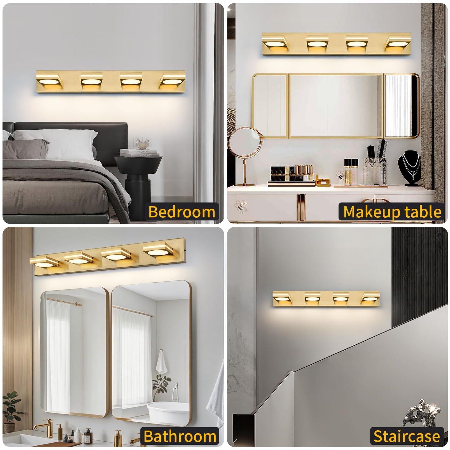 Okeli 4-Light Led Bathroom Vanity Light Fixtures Gold Modern Bathroom Wall Lighting Fixtures Over Mirror (3Cct 3000K-6000K)