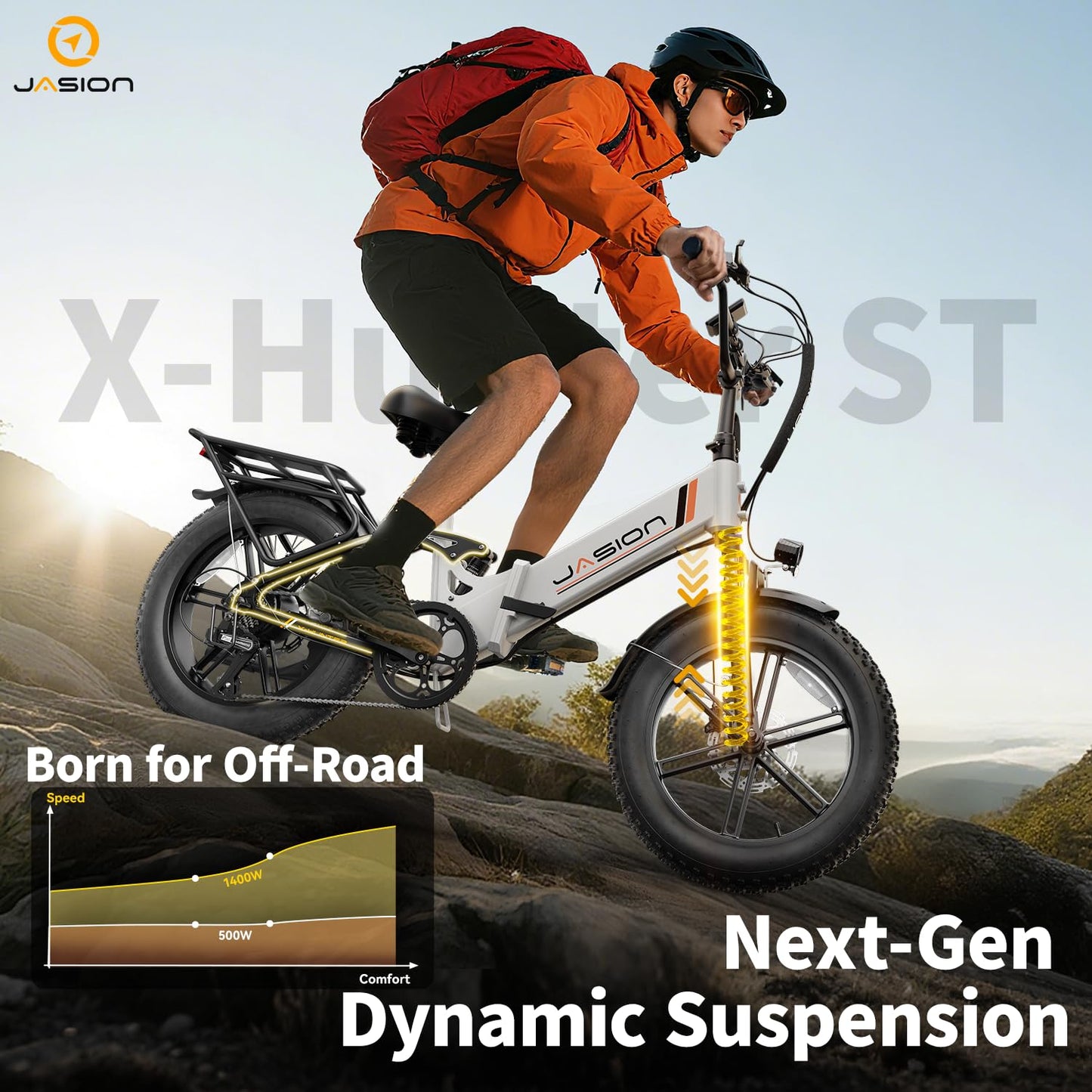 Jasion X-Hunter ST Electric Bike, Fat Tire & 71Miles & 30+MPH Foldable Ebike, 1400W Peak Motor, 624WH Removable Battery, Full Suspension E Bike, Hydraulic Disc Brakes Bicycles