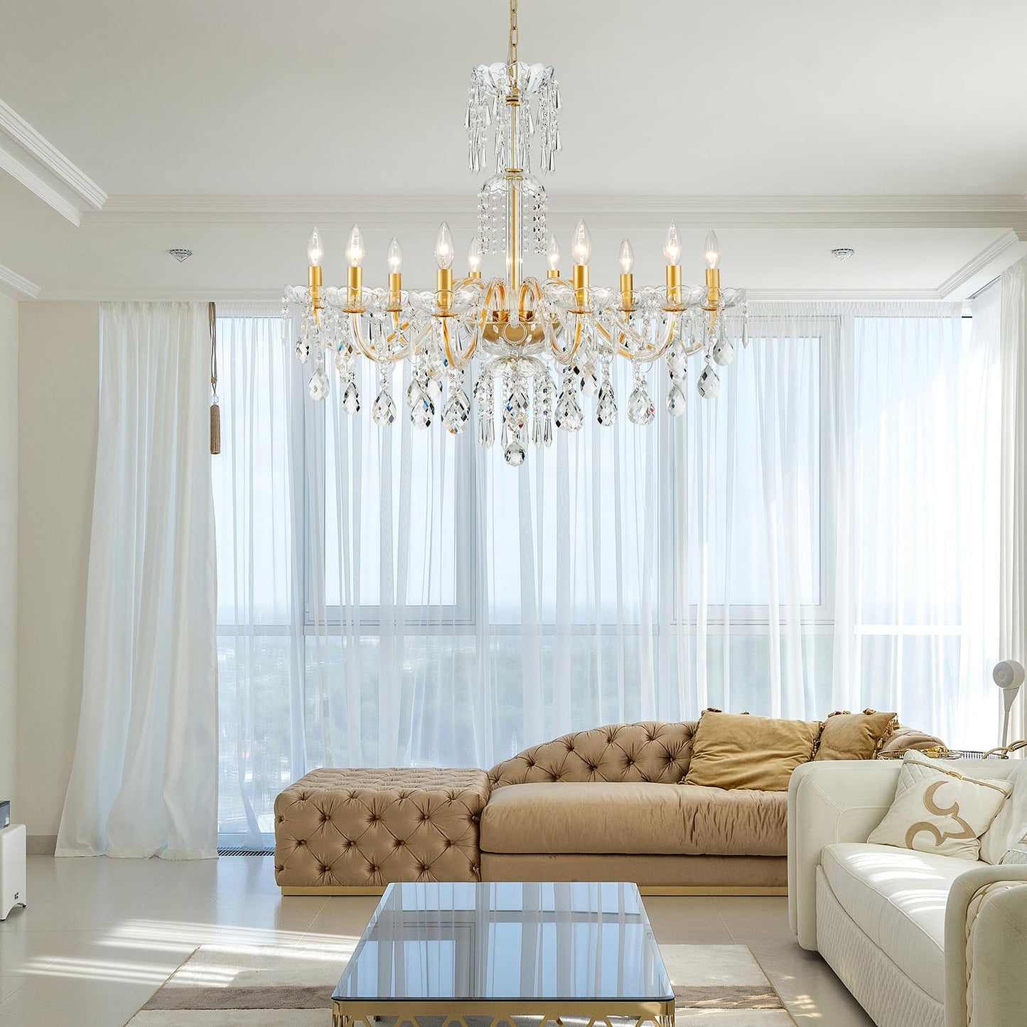 Wuzups 10-Light Crystal Candle Chandelier Pendant Ceiling Light Modern Lighting Fixture For Bedroom Hallway Bar Kitchen Bathroom H 26.7 W 33.9 E12 Base Gold