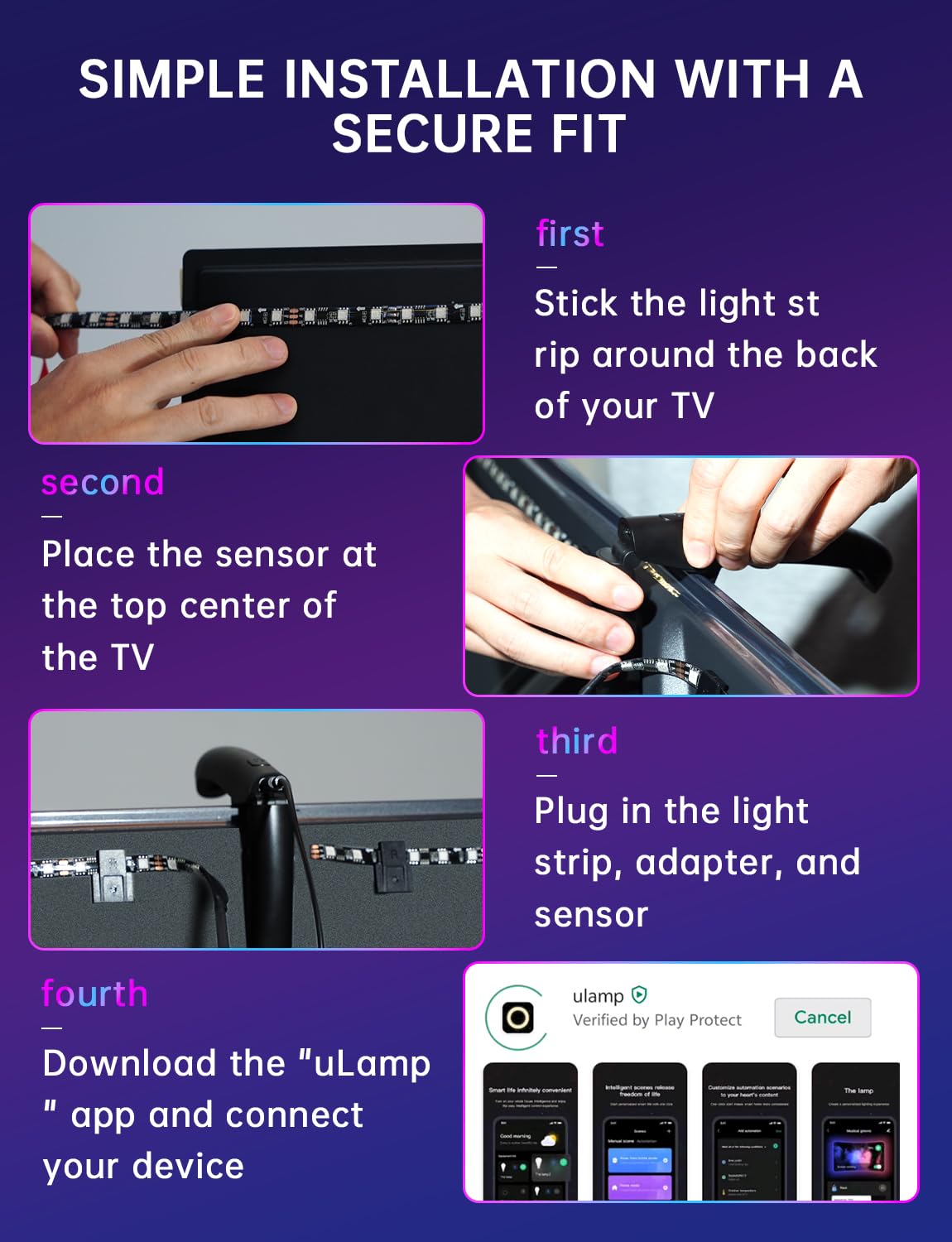 Qtu Tv Lights That Change With Tv 18Ft Led Lights For 75-85 Inch Tvs & Pc Monitors Smart App Control Tv Backlight Sync To Screen Usb-C Powered Rgb Led Strip Lighting
