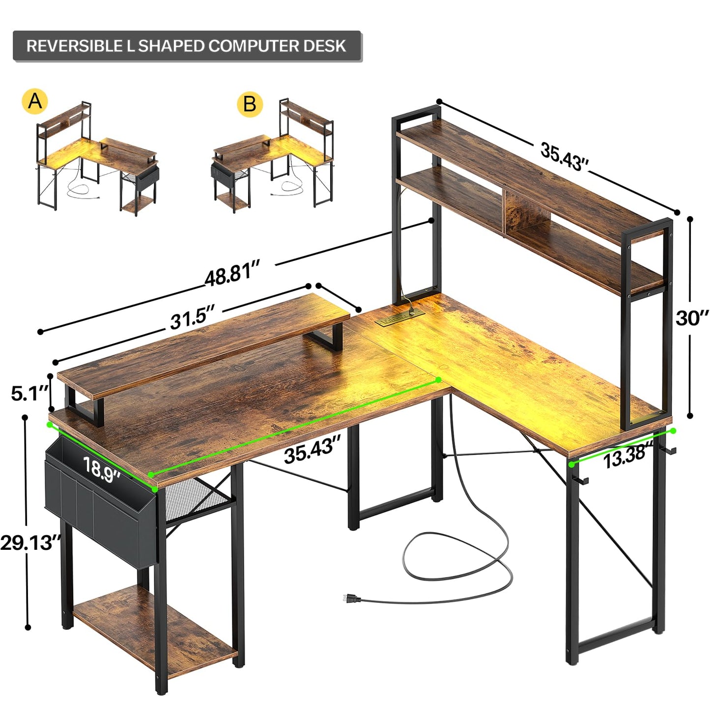 Aheaplus Small L Shaped Gaming Desk with LED Lights & Power Outlets, Reversible L-Shaped Computer Desk with Monitor Stand & Storage Shelf, Corner Desks Home Office Desk with Storage Bag, Rustic Brown