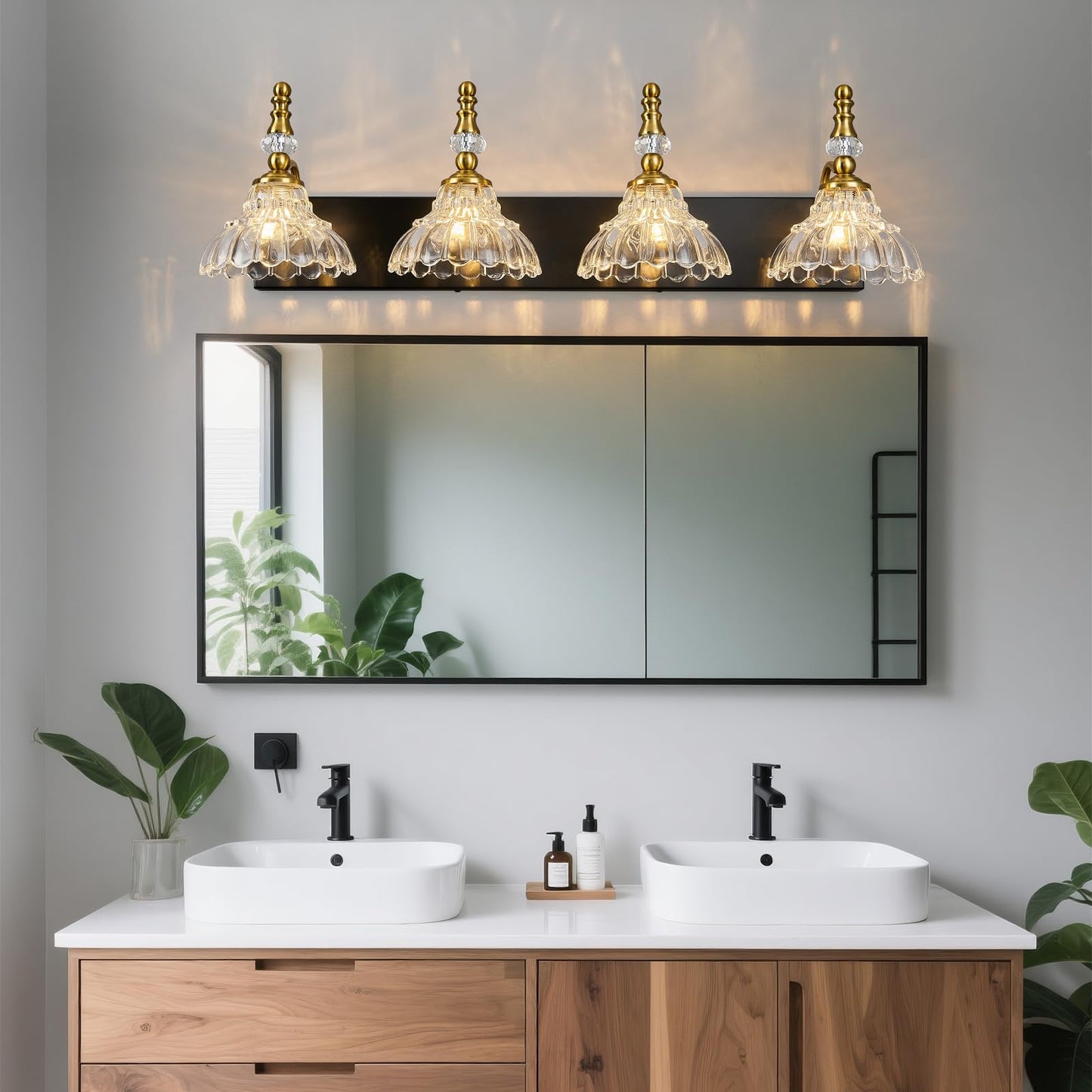 Lbsqj Vintage Bathroom Vanity Light 4-Light Black Gold Vanity Lighting Fixture With Flower Glass Shade Bathroom Lighting Fixtures Over Mirror