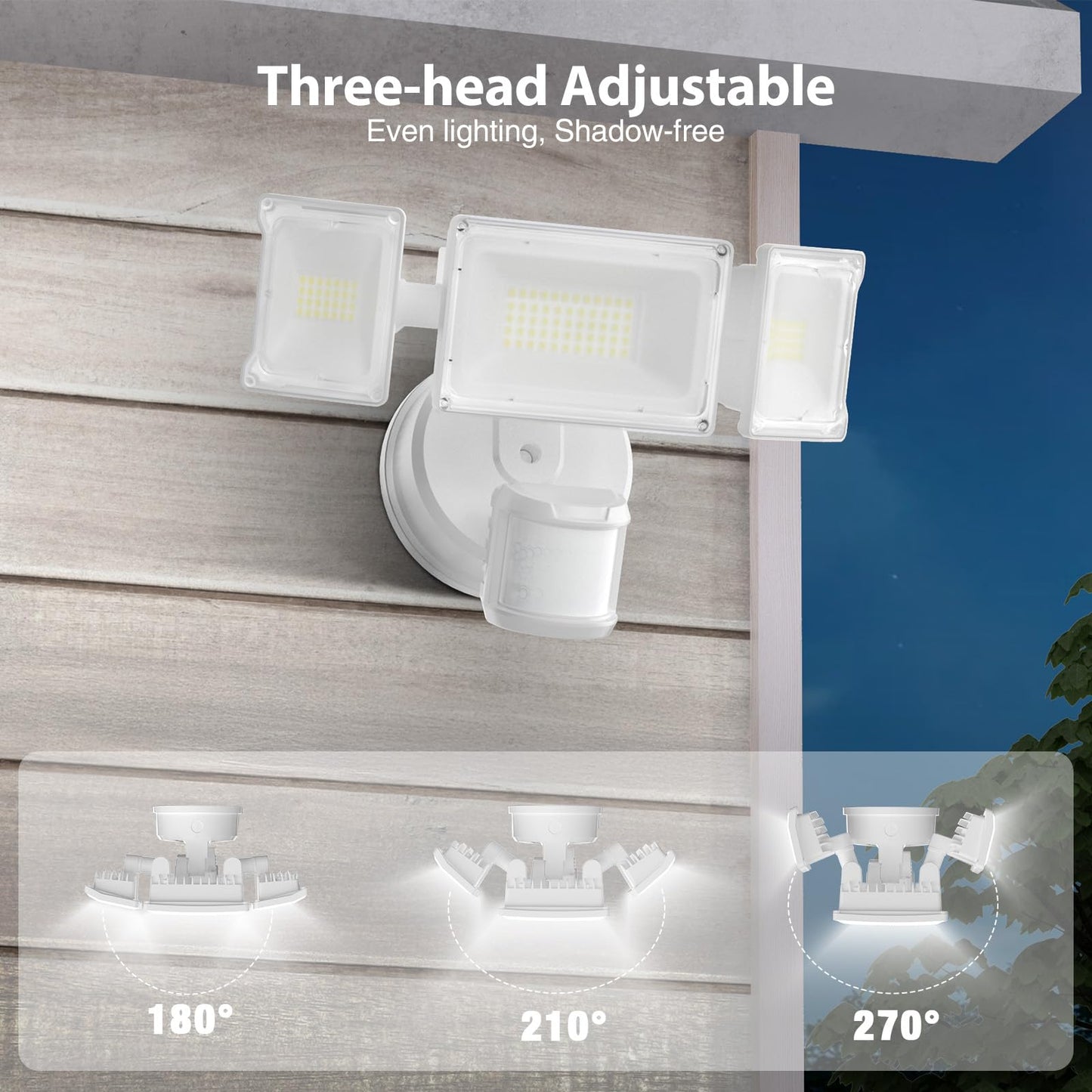 Olafus 65W Outdoor Motion Sensor Flood Light, 6000LM, IP65 Waterproof, 3 Head, White, Model BDB55G-3
