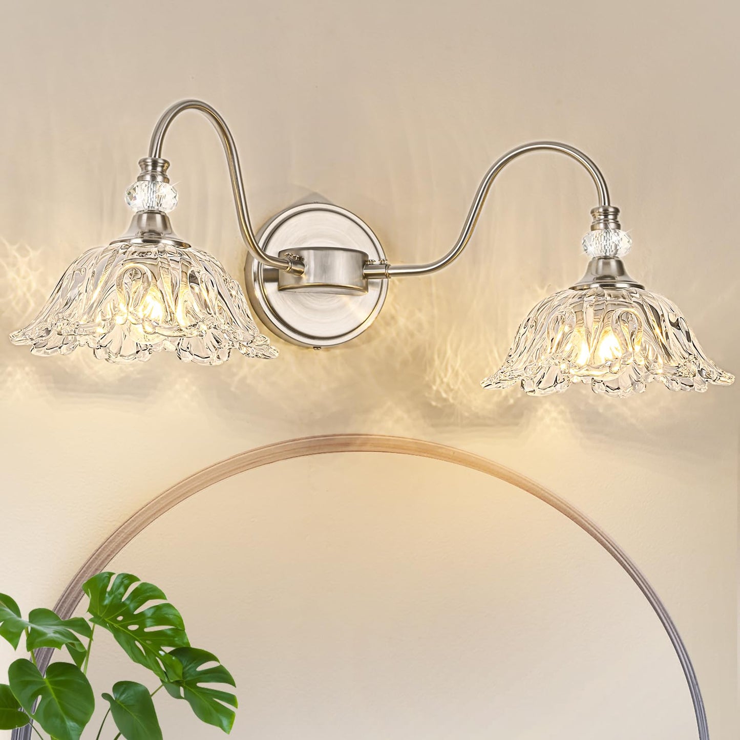 Sunkryster Brushed Nickel Bathroom Vanity Light 2-Light Vanity Light With Floral Clear Glass Shades Nickel Wall Mount Lighting For Bathroom Dressing Table