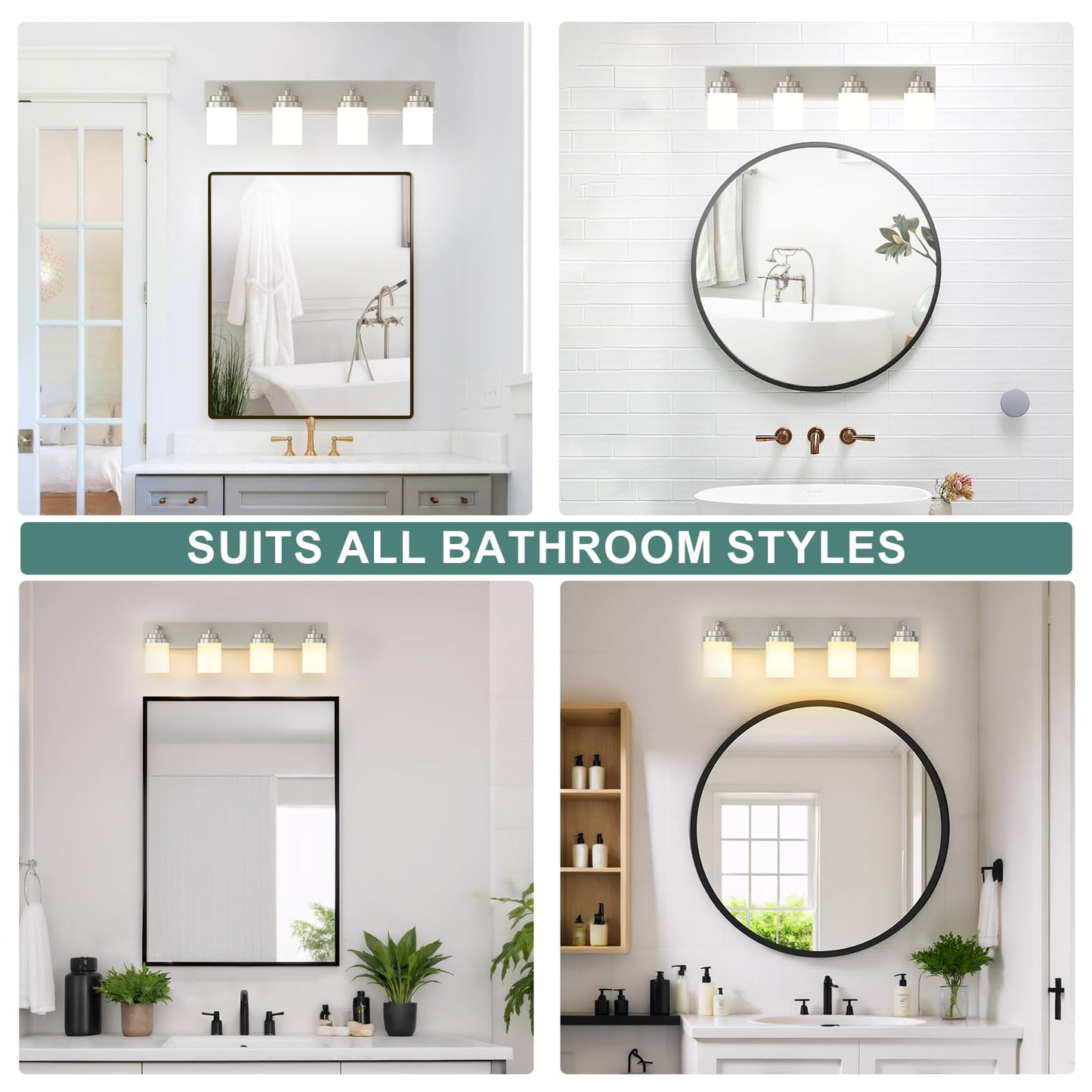 Izorro Bathroom Vanity Light Fixture 4-Light 27.5 Inch Brushed Nickel Bathroom Light Fixtures Over Mirror With White Glass Shade Modern Farmhouse Vanity Lights Rustic Restroom Lighting Fixtures