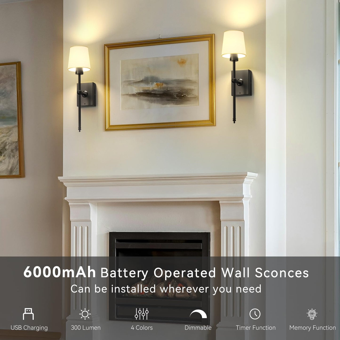 Rechargeable Battery-Operated Wall Sconces Set Of 2: Black Wireless Wall Lights With Touch And Remote 6000Mah Battery Powered Scone Lighting Cordless Wall Lamp For Bedroom Living Room Hallway