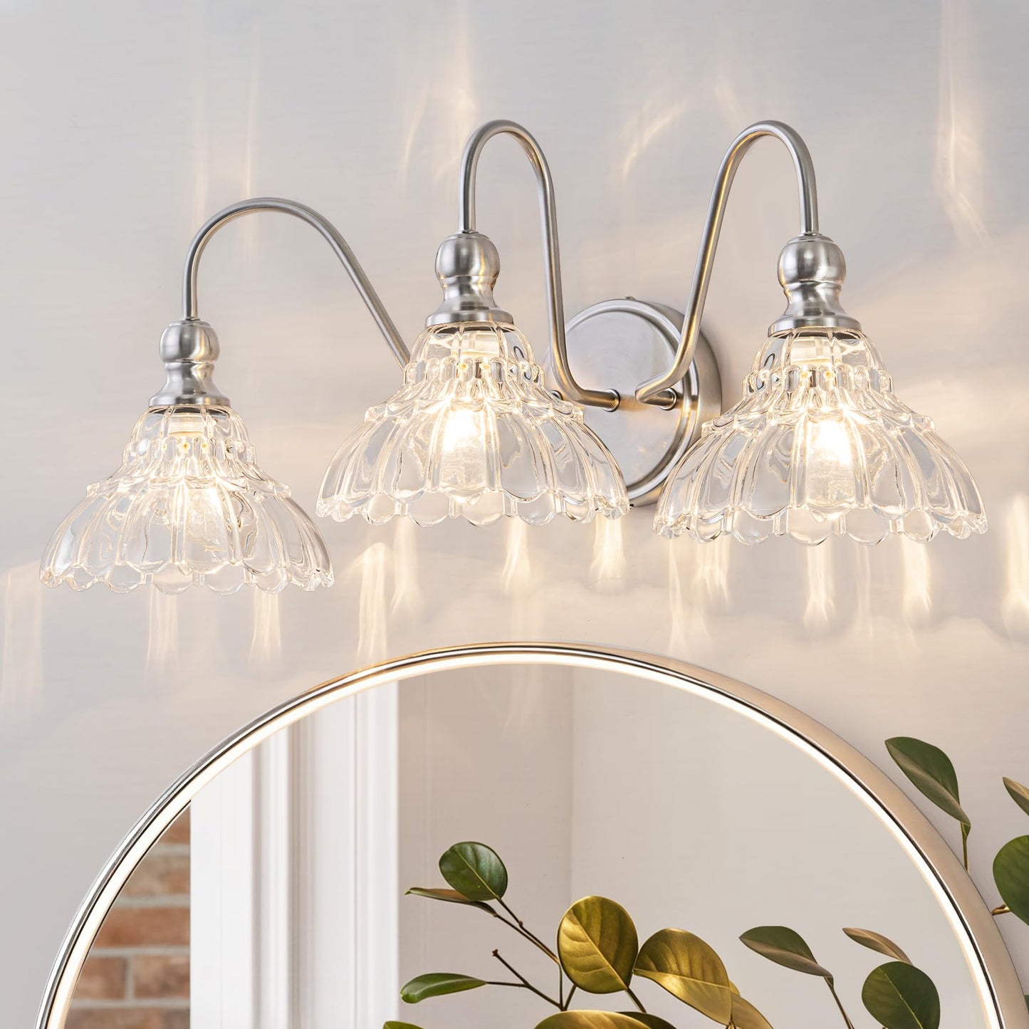 Brknit Vintage Bathroom Light Fixtures Over Mirror 3-Light Brushed Nickel Wall Sconce Lighting With Flower Glass Shade Farmhouse Vanity Lights For Bedroom Kitchen Living Room Hallway Light
