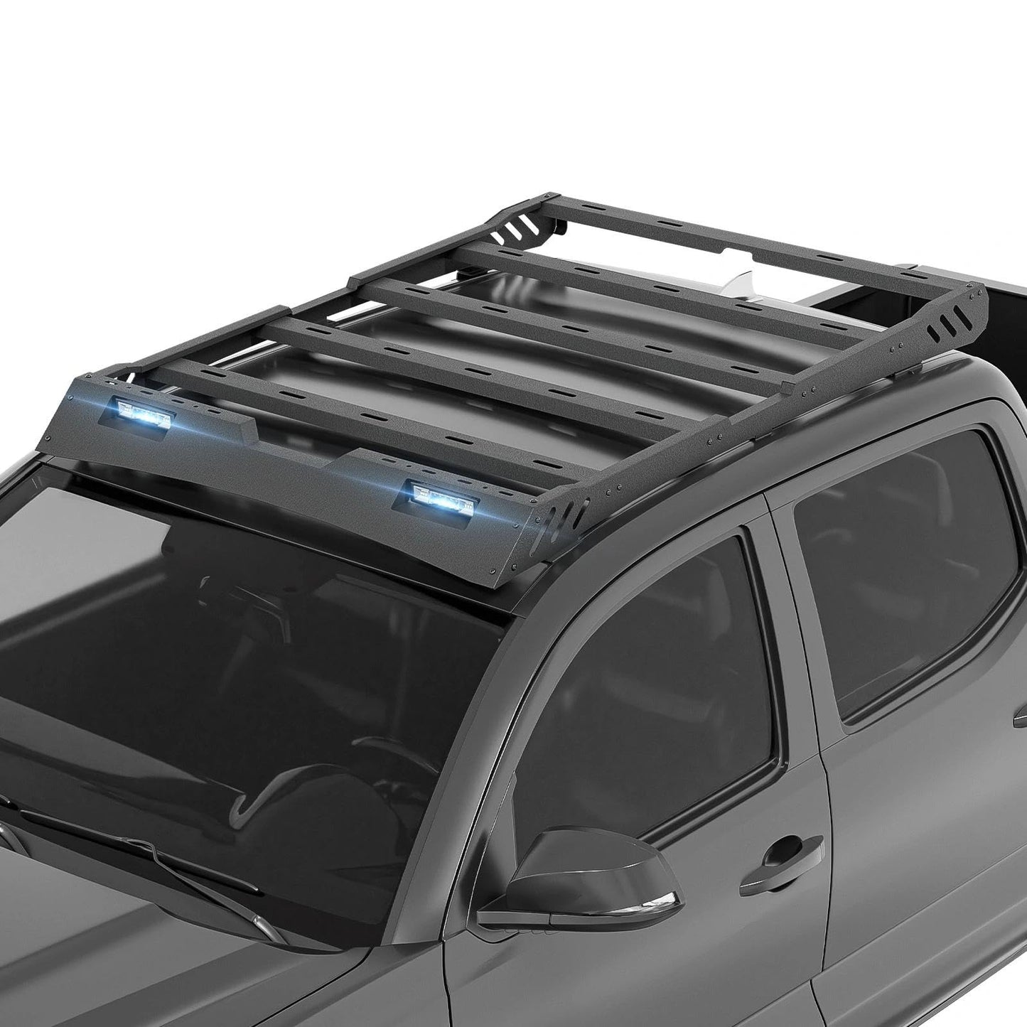 SUORTO Cargo Basket Top Roof Rack Compatible with 2005-2023 Tacoma Double Cab/Crew Cab (4 Full-Size Doors), Overland Truck Cargo Carrier Rooftop Luggage Storage Holder with LED Light Bar