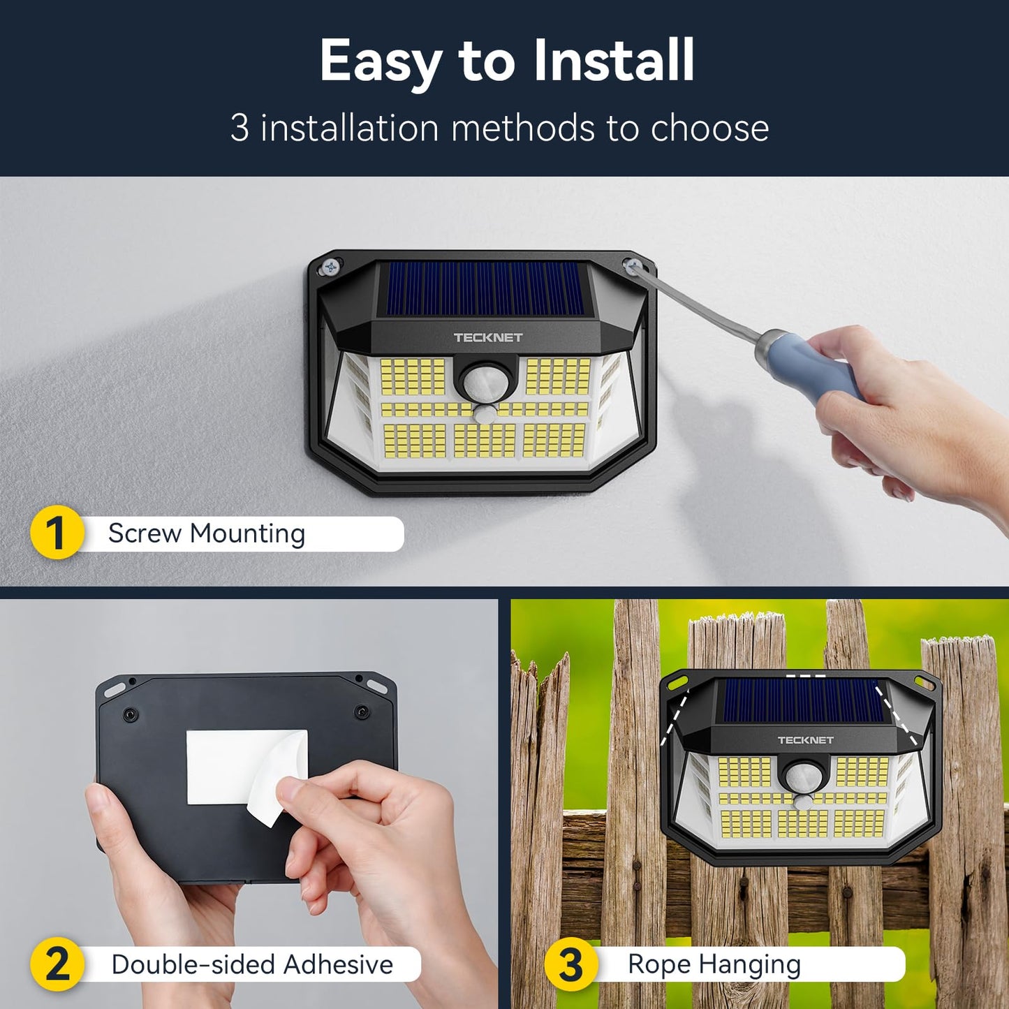 Tecknet 231 Led Motion Sensor Outdoor Lights 6 Pack 300 Solar Security Wall Lights 3 Lighting Modes Ip65 Waterproof Pir Motion Sensor For Outside Fence Garden Yard Deck Garage - Warm White