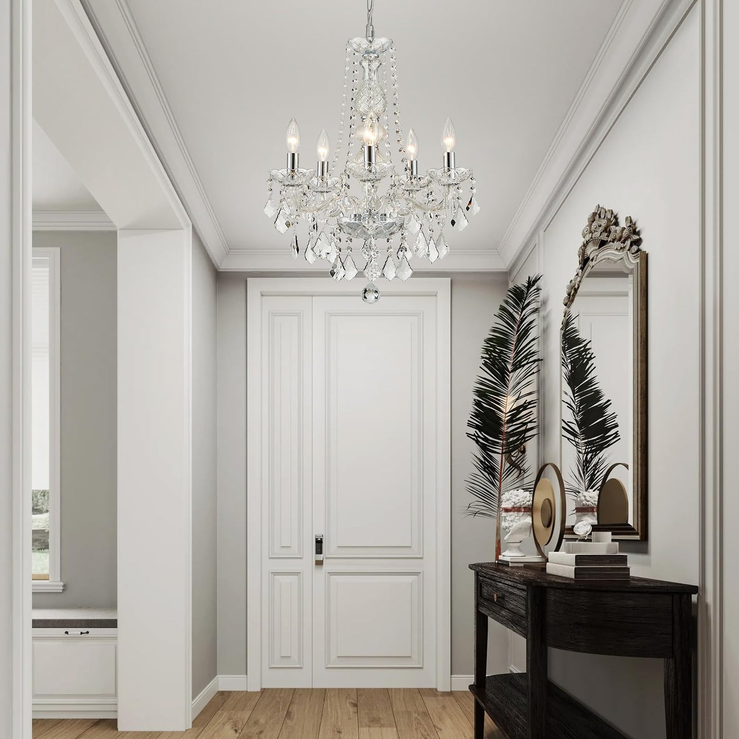 Wuzups 5-Light Crystal Candle Chandelier Pendant Ceiling Light Modern Lighting Fixture For Bedroom Hallway Bar Kitchen Bathroom H 25 W 20 E12 Base Chrome