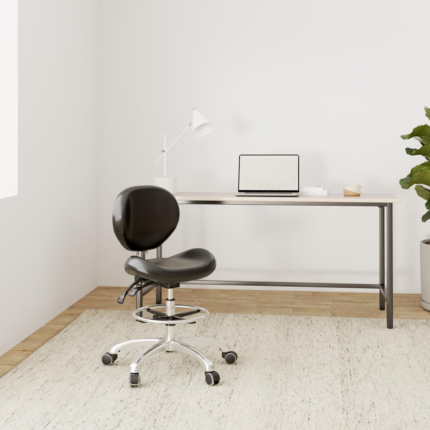 Grace&Grace Drafting Chair Adjustable Tall Shop Stool, Rolling Chair with Backrest and Footrest for Computer, Studio, Workshop, Classroom, Lab, Counter, Home Office (Black)