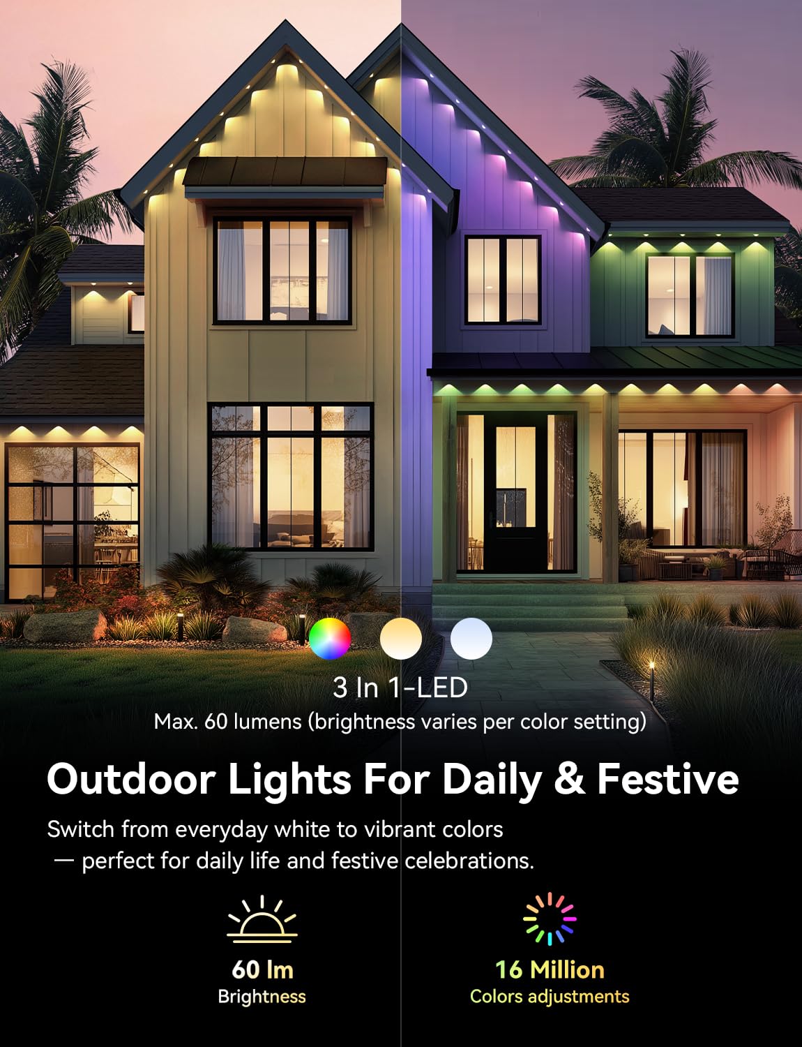 Lemonlovely Permanent Outdoor Lights For House Rgb+Ic Ip67 Waterproof Smart Eave Lights 200Ft With 100 Led Eternity Lighting For Halloween Christmas Decoration Work With Remote App