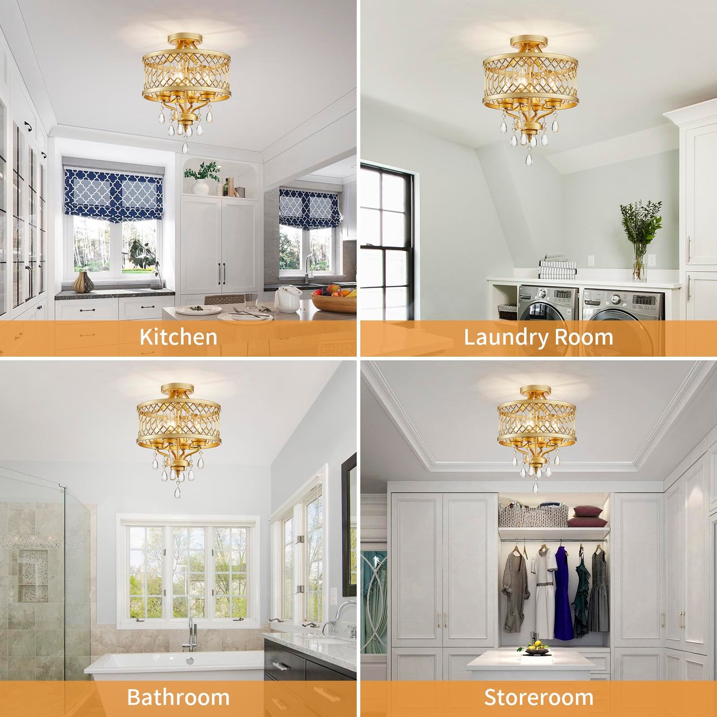 Crystal Ceiling Light Fixture Farmhouse Semi Flush Mount Ceiling Light Gold Crystal Chandeliers For Dining Room Light Fixture Hallway Lighting Fixtures For Kitchen Bedroom Bathroom Foyer Entryway