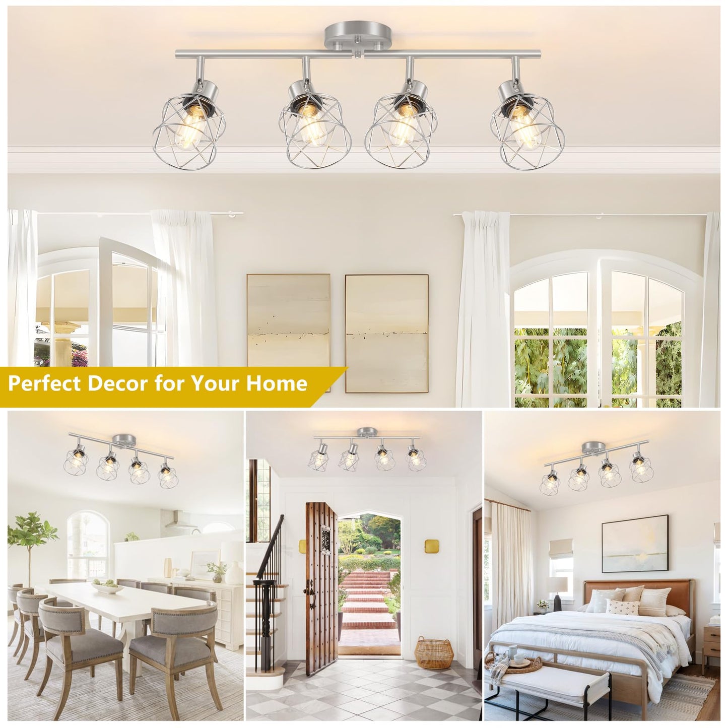 Baocuz 4-Light Kitchen Lighting Fixtures Adjustable Multi-Directional Brushed Nickel Track Ceiling Light Semi Flush Mount Ceiling Spotlight With Wire Cages For Living Room Bedroom Hallway