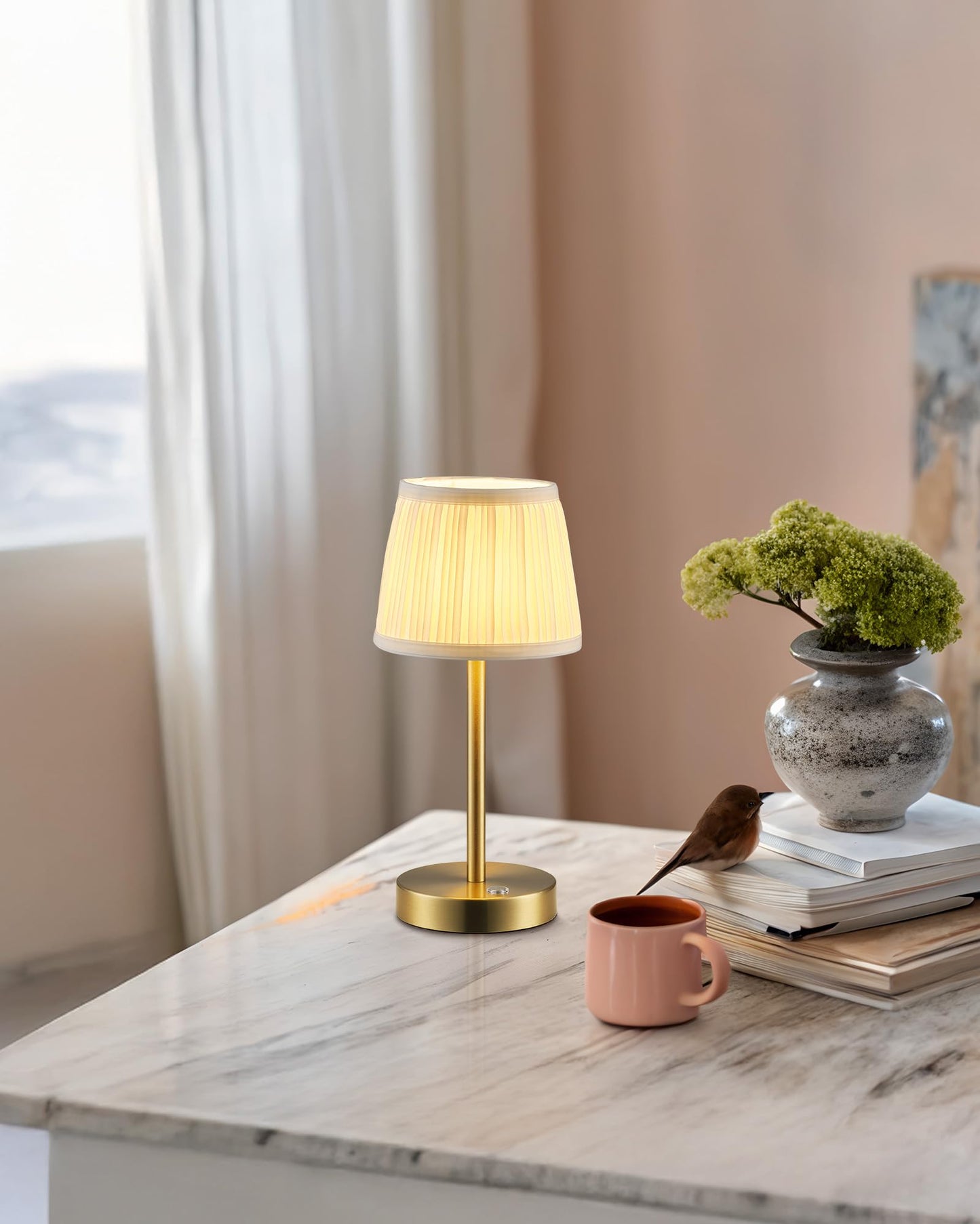 Pusu 2 Pack Cordless Led Gold Table Lamps Rechargeable 4000Mah 3 Way Dimmable Bedside Small Lamp With Fabric Shade Lighting For Bedroom Kids Room Bathroom Kitchen Decor Gift Night Light