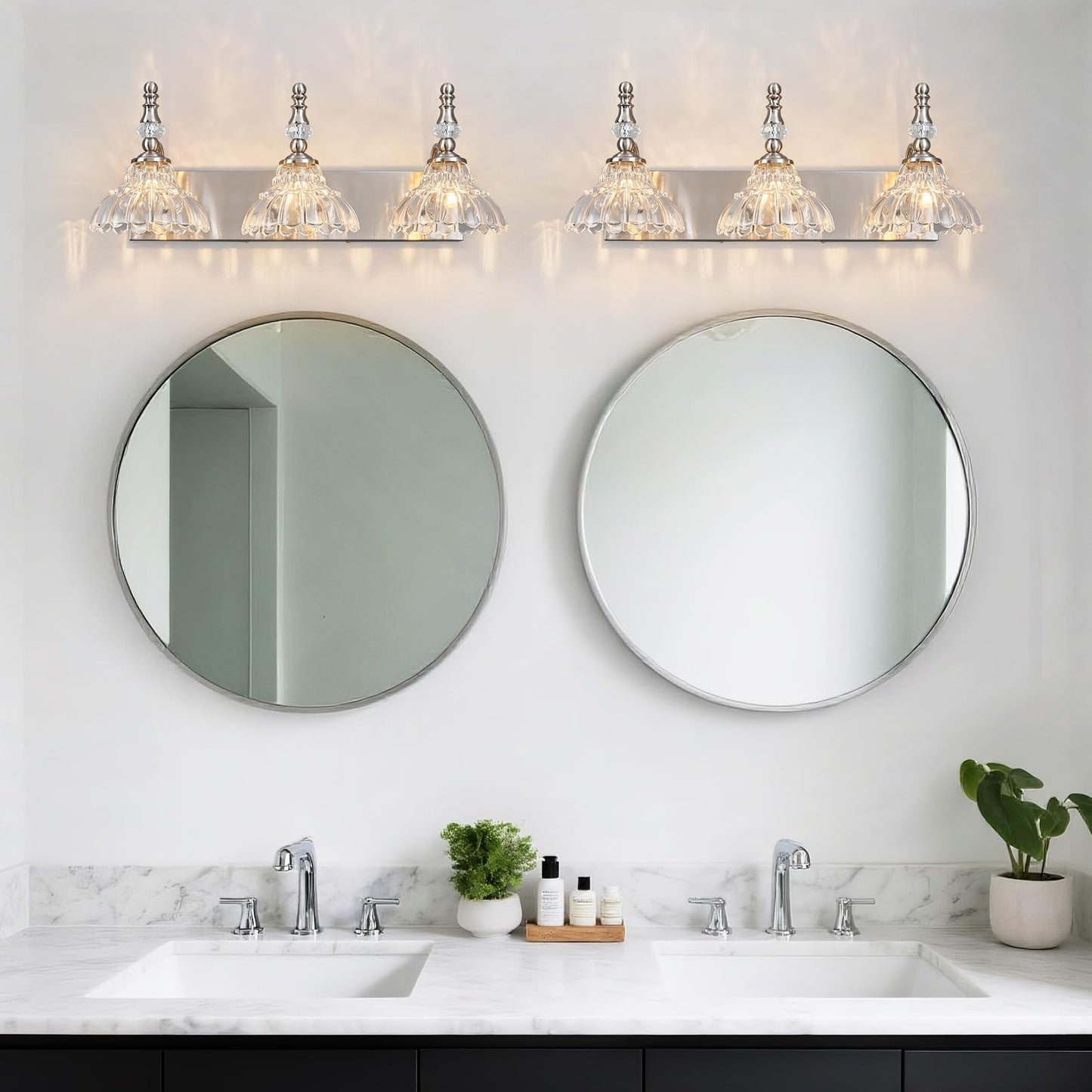 Lbsqj Vintage Bathroom Vanity Light 3-Light Brushed Nickel Vanity Lighting Fixture With Flower Glass Shade Bathroom Lighting Fixtures Over Mirror