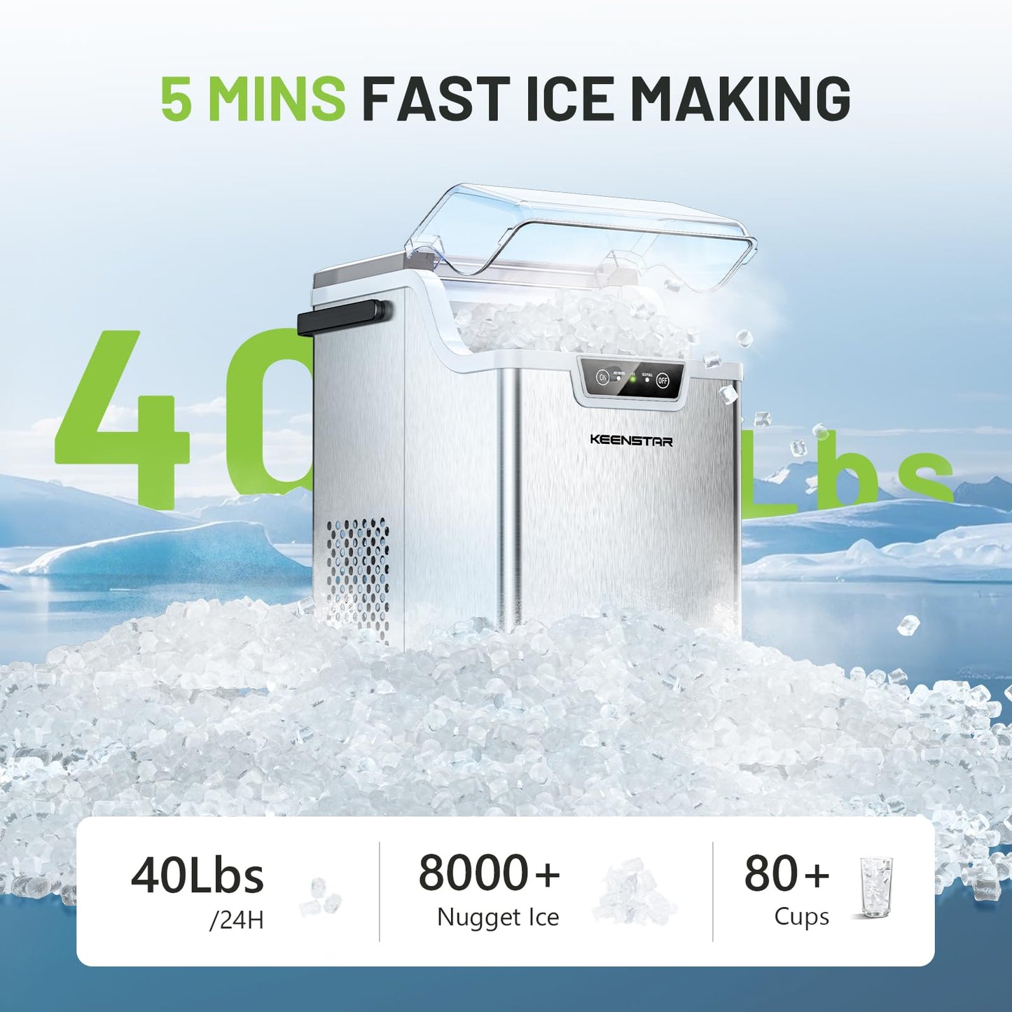 Nugget Countertop Ice Maker with Soft Chewable Ice 40Lbs, Pebble Sonic Ice Machine with Basket and Scoop, Ready in 5 Mins, 40Lbs/24H, Auto Self-Cleaning, for Home, Kitchen, Office, Party, Camping