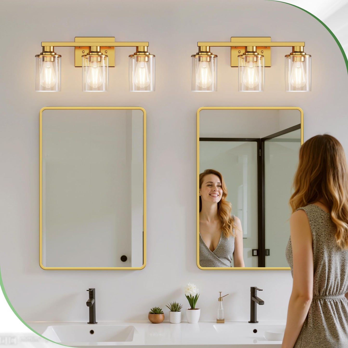Doresshop 17 Inch Bathroom Light Fixtures 3-Light Brushed Gold Bathroom Lighting Fixtures Over Mirror With Clear Glass Shade Vanity Lights For Living Room Bedroom