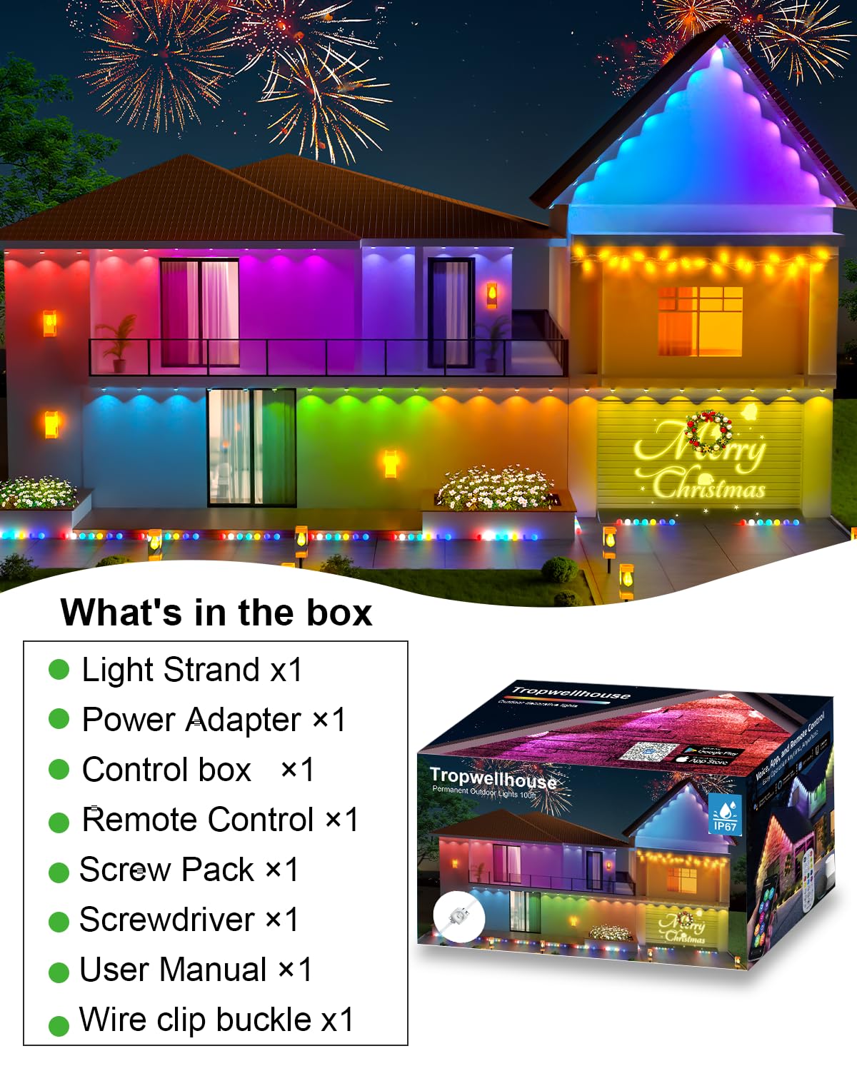 Tropwellhouse Permanent Outdoor Light Pro 200Ft With 144 Rgb+Ic Led Lights 90 Scene Modes Ai Light Design Ip67 Waterproof For Halloween Christmas Decor And Daily Lighting Work With Alexa Google
