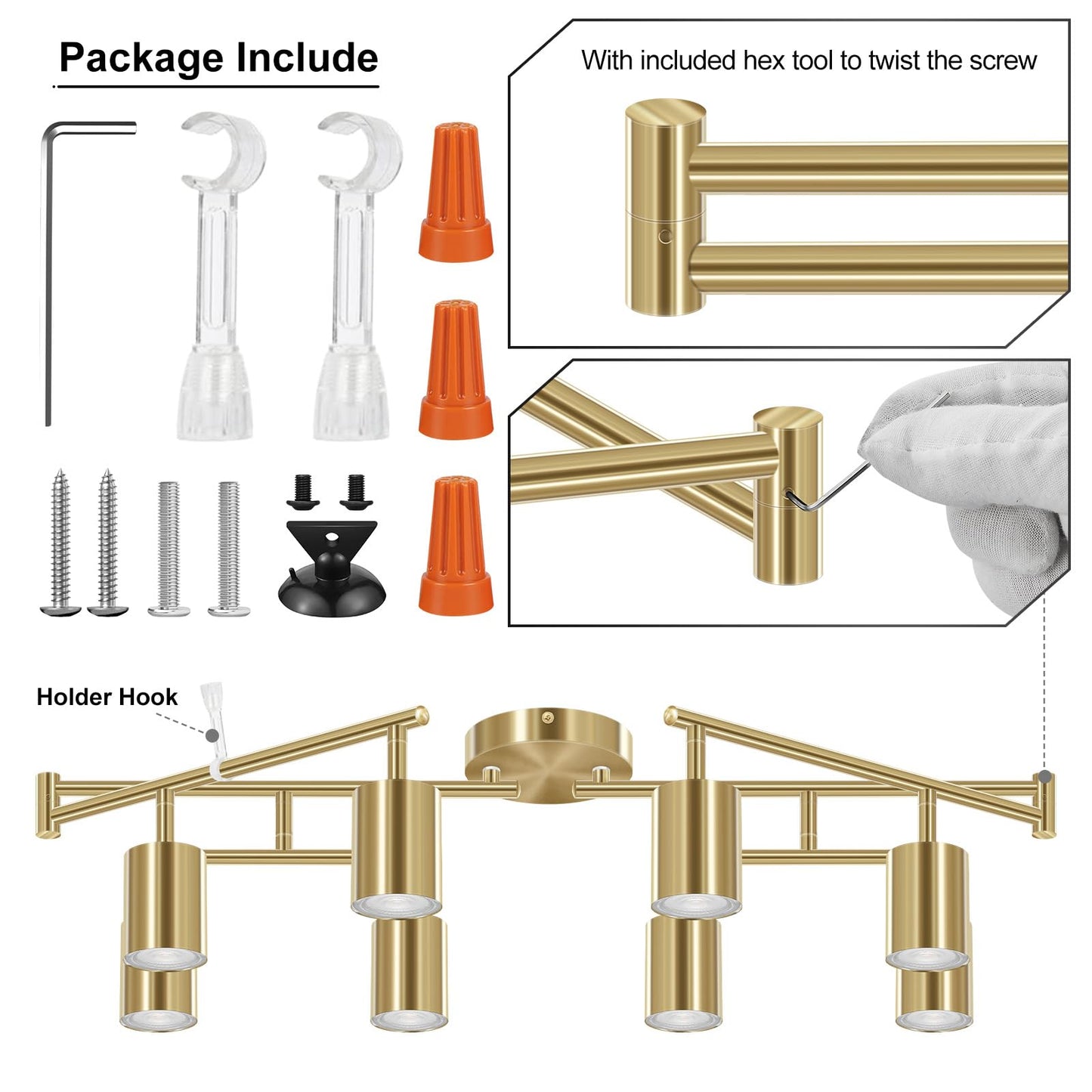 Auquee 8 Light Track Lighting Fixtures Ceiling Gold Kichen Track Lighting Fixtures Rotatable Light Heads Adjustable Modern Led Track Lights For Kitchen/Hallway No Gu10 Bulb