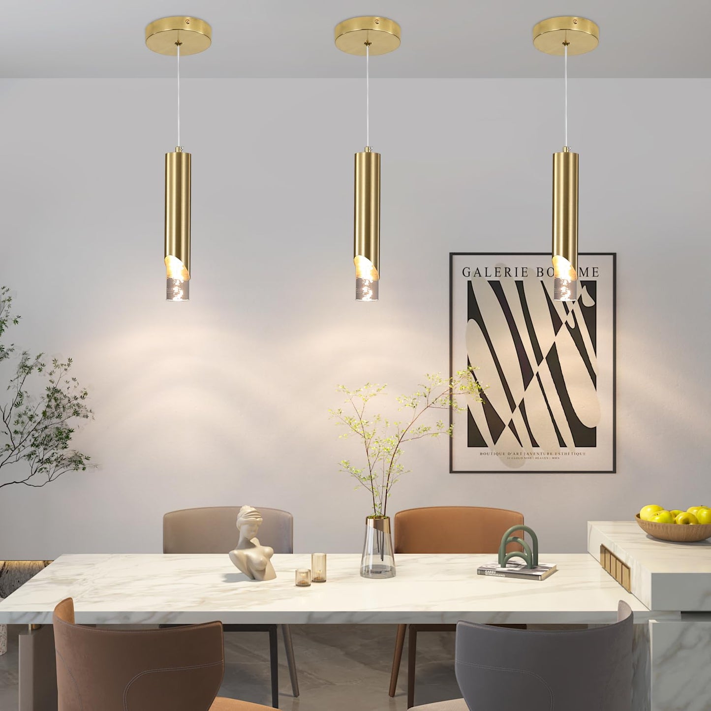 3 Pack Modern Gold Pendant Light Fixture Acrylic Bubble Cylinder Hanging Lights 3 Color Temperatures Minimalist Ceiling Chandelier Lighting For Dining Room Bedroom Hallway Bar Kitchen Island