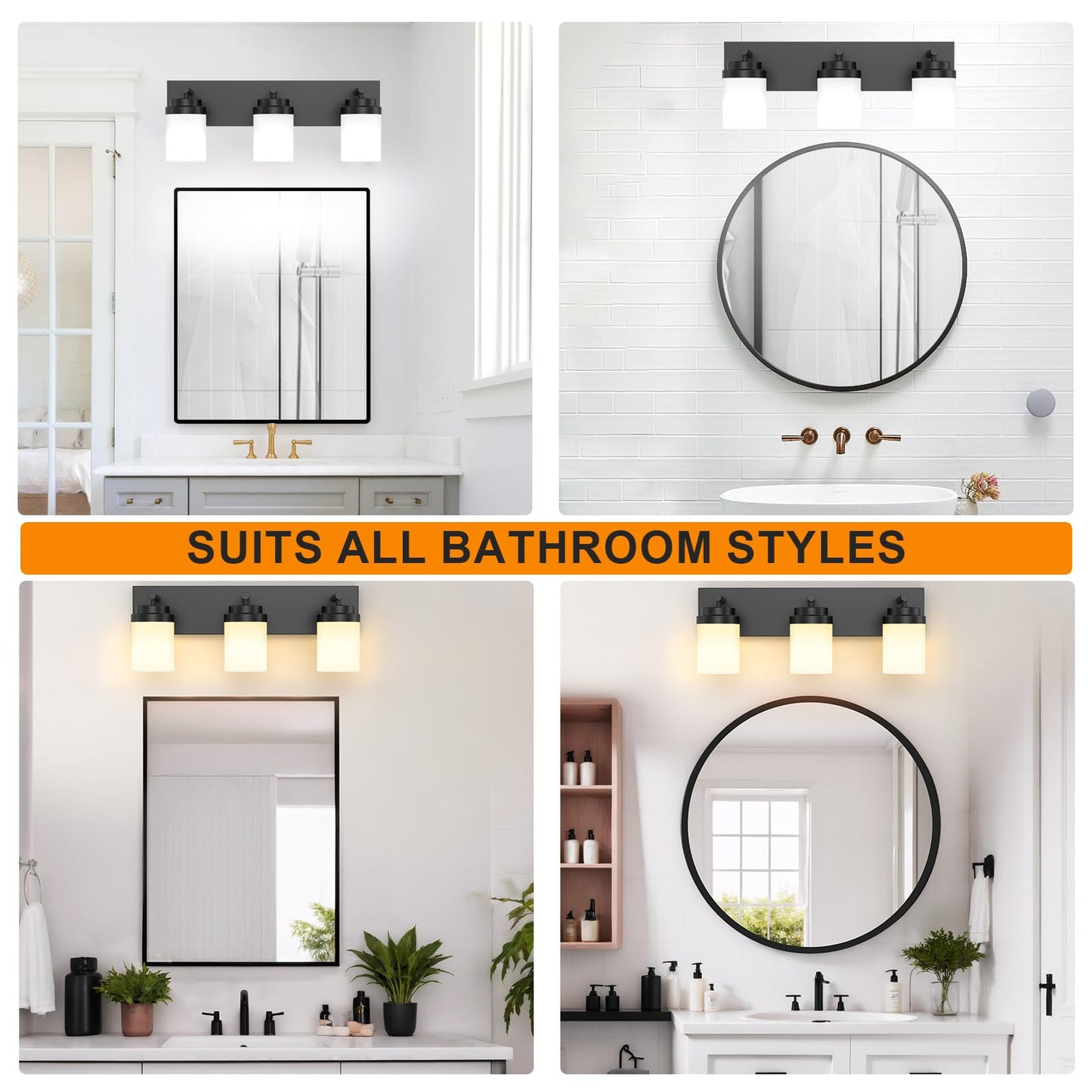 Izorro Bathroom Vanity Light Fixture 3-Light 22 Inch Matte Black Bathroom Light Fixtures Over Mirror With White Glass Shade Modern Farmhouse Vanity Lights Rustic Restroom Lighting Fixtures