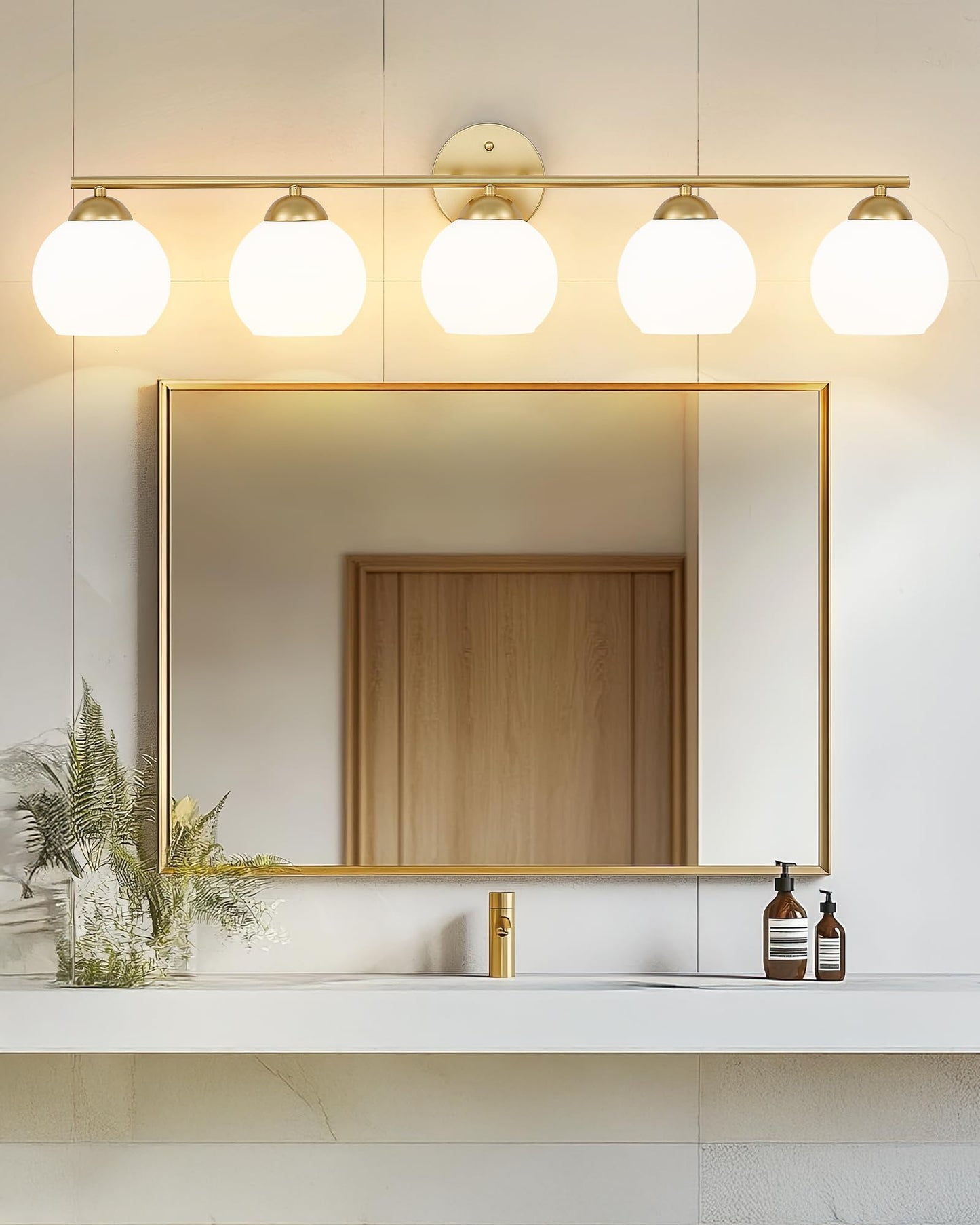 Emak 37 Inch Globe Bathroom Lighting Fixtures Over Mirror Gold Vanity Lights With Milk Glass Shade Modern 5-Light Bathroom Vanity Light For Mirror Vl114-Gd-Ml-5