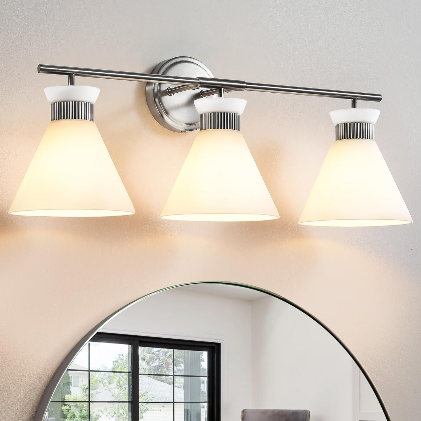 Woshitu Nickel Bathroom Vanity Light Fixtures: Vanity Lighting Fixtures Over Mirror 23.4 Inch With Milky White Frosted Glass 3-Lights Vanity Light Above Mirror Bathroom Wall Light(Exclude Bulb)