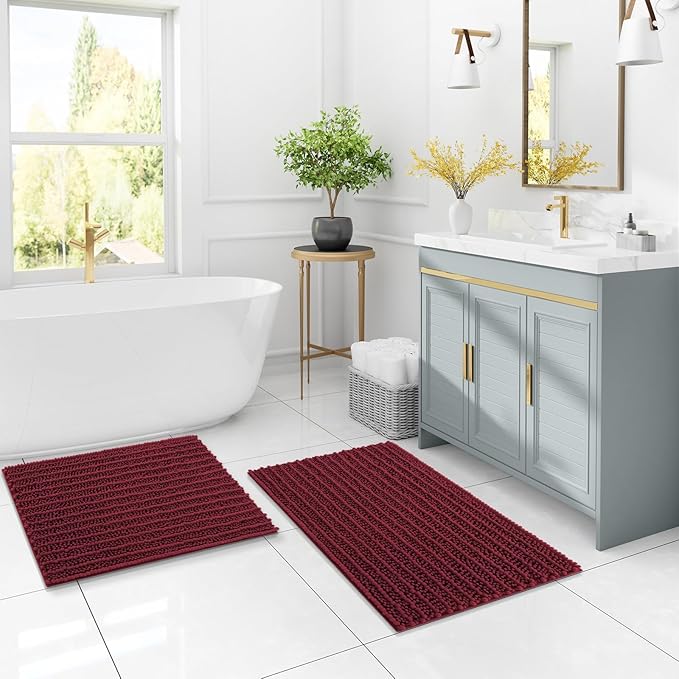 Arotive Luxury Chenille Bathroom Rug Mat, Extra Soft Thick Absorbent Shaggy Bath Rugs, Non-Slip Machine Wash Dry, Plush Bath Mats for Bathroom, Shower and Tub, 24x16, Burgundy