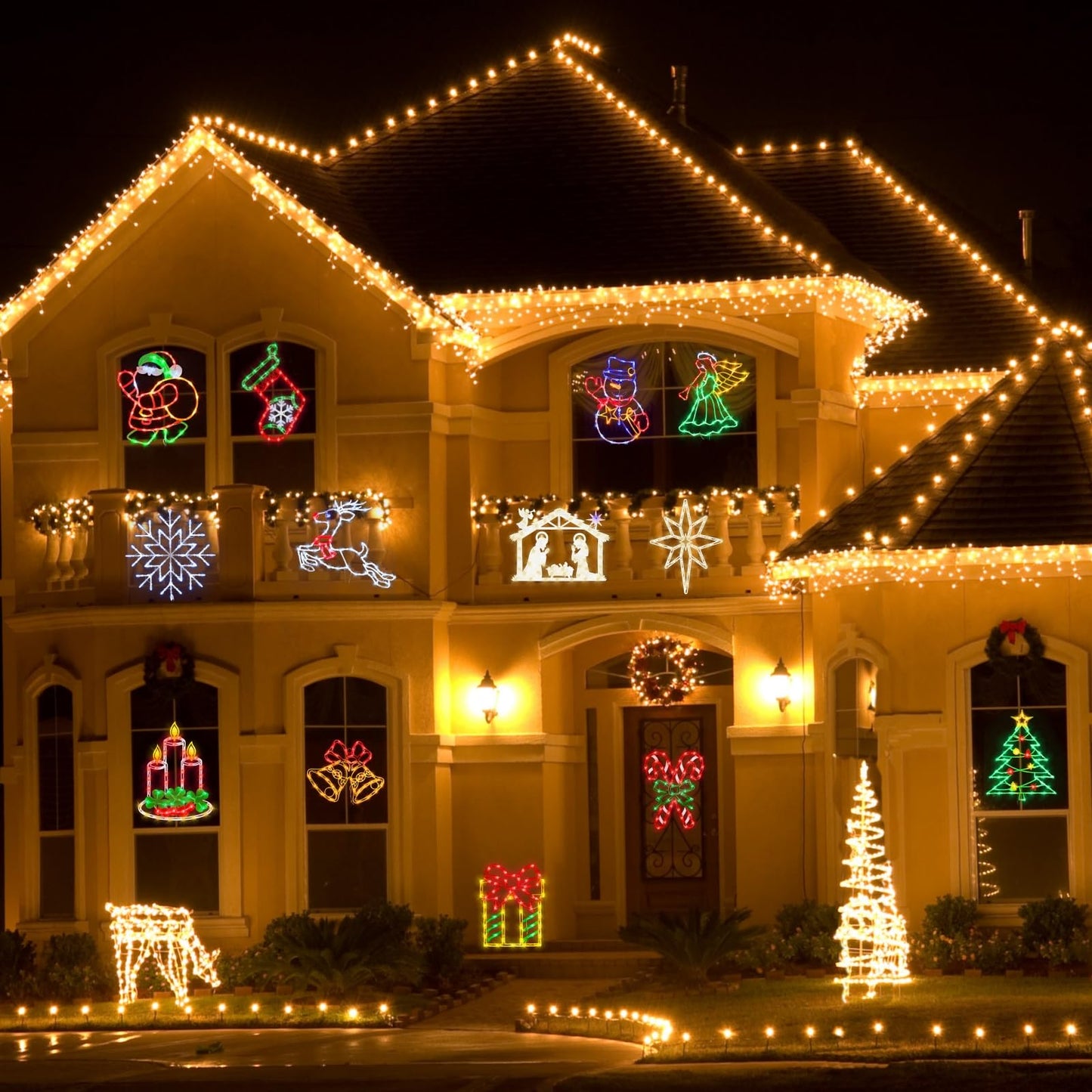 Trwymz Christmas Decorations - 16 Christmas Window Silhouette Lights - 4 Pack Colour Lighted Santa & Angel & Snowman & Christmas Tree For Holiday Indoor And Outdoor Wall Door Window Decorate