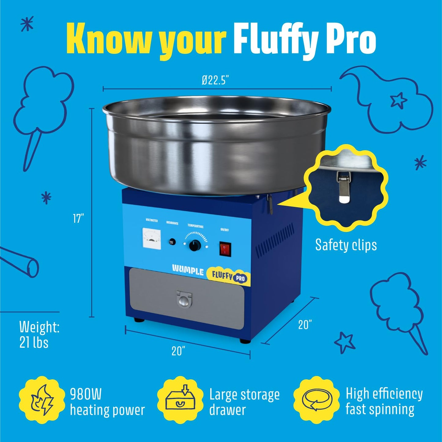 Wumple - Cotton Candy Machine Pro, Commercial Electric Maker with Drawer & Large Stainless Steel Bowl, Perfect for Parties and Business (Blue)