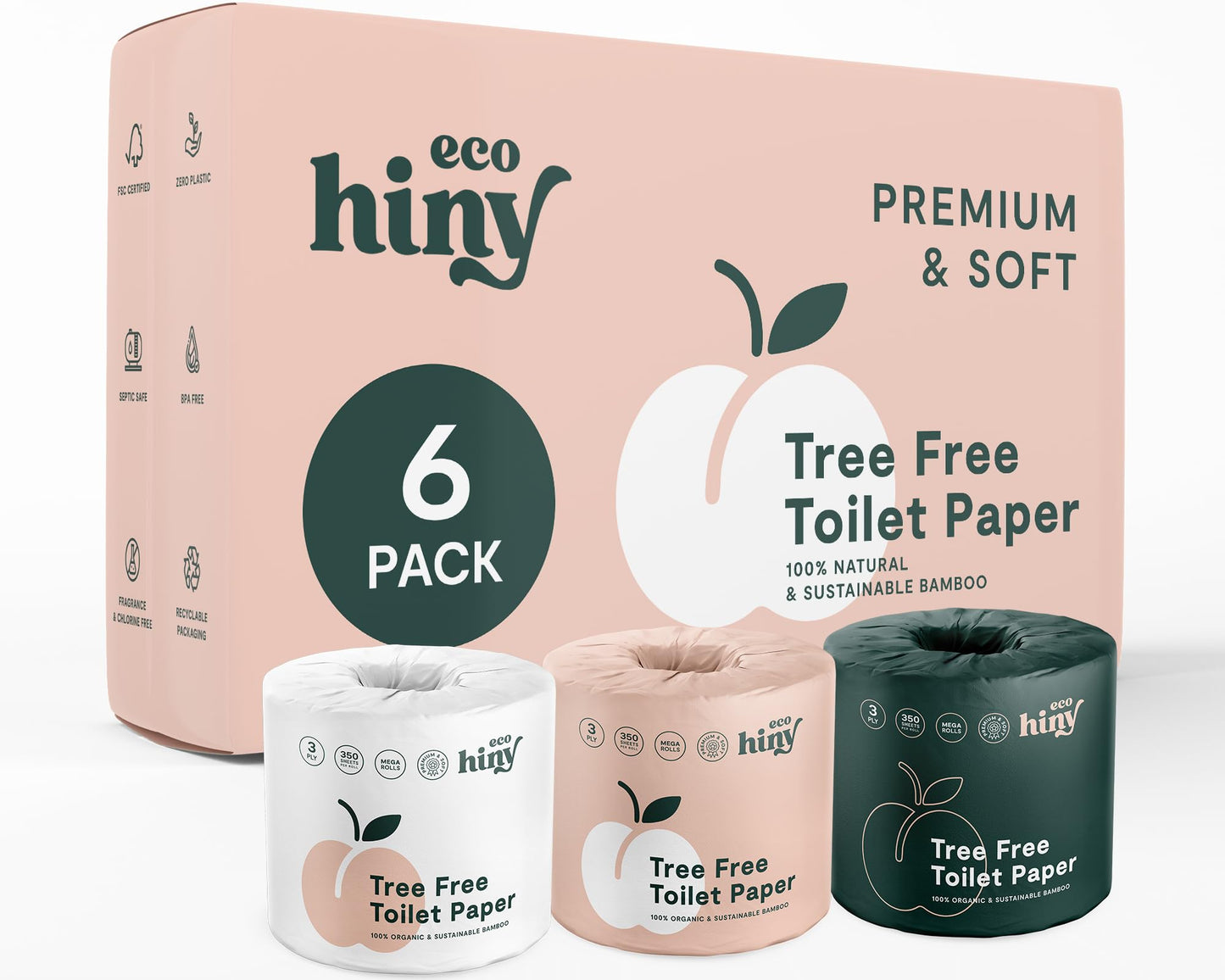 ecoHiny Premium & Soft Bamboo Toilet Paper | 12 Mega Rolls, 3 ply & 350 Sheets | FSC Certified, PFAS Free, BPA Free, Septic Safe | Tree Free Toilet Tissues | Plastic Free Packaging