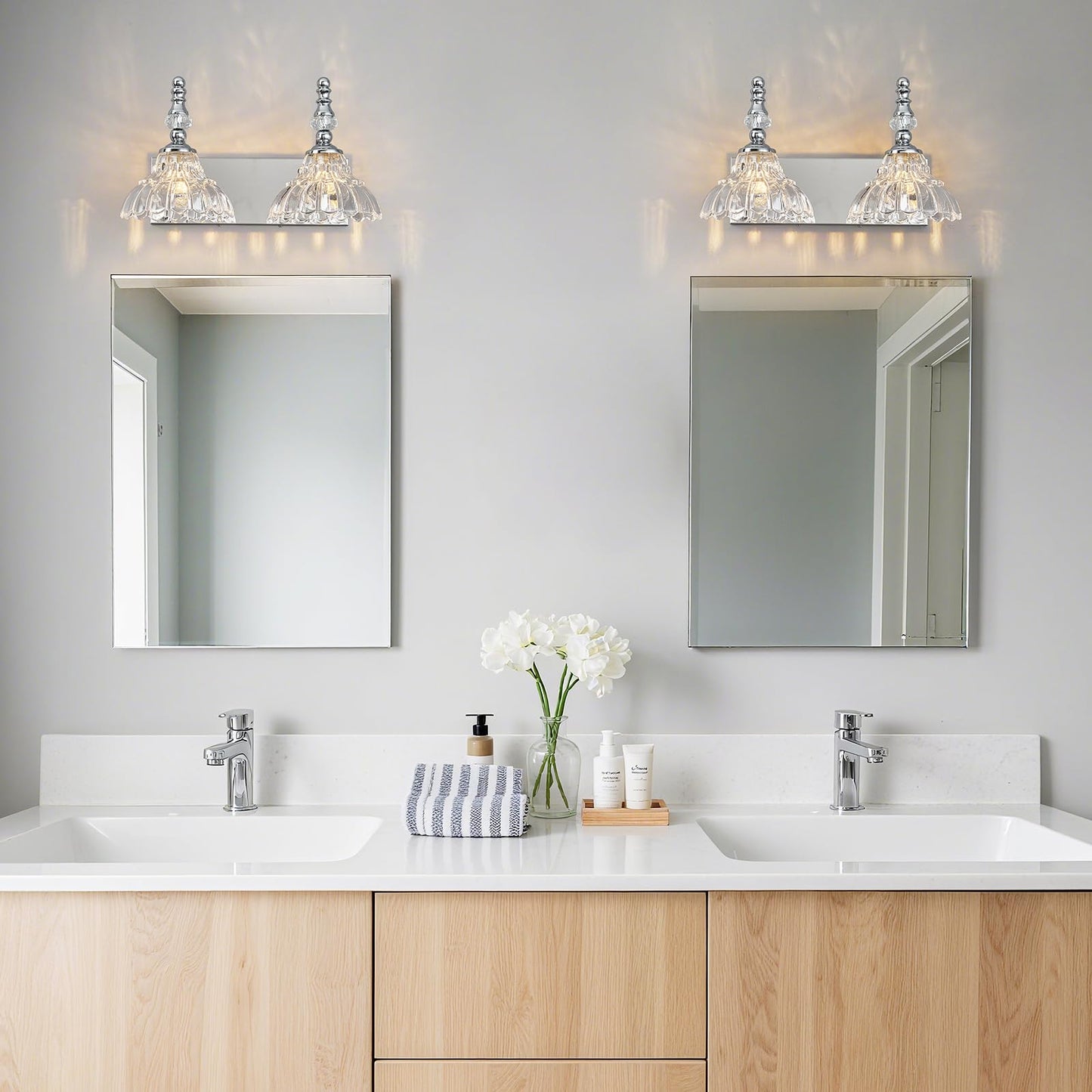 Lbsqj Vintage Bathroom Vanity Light 2-Light Chrome Vanity Lighting Fixture With Flower Glass Shade Bathroom Lighting Fixtures Over Mirror