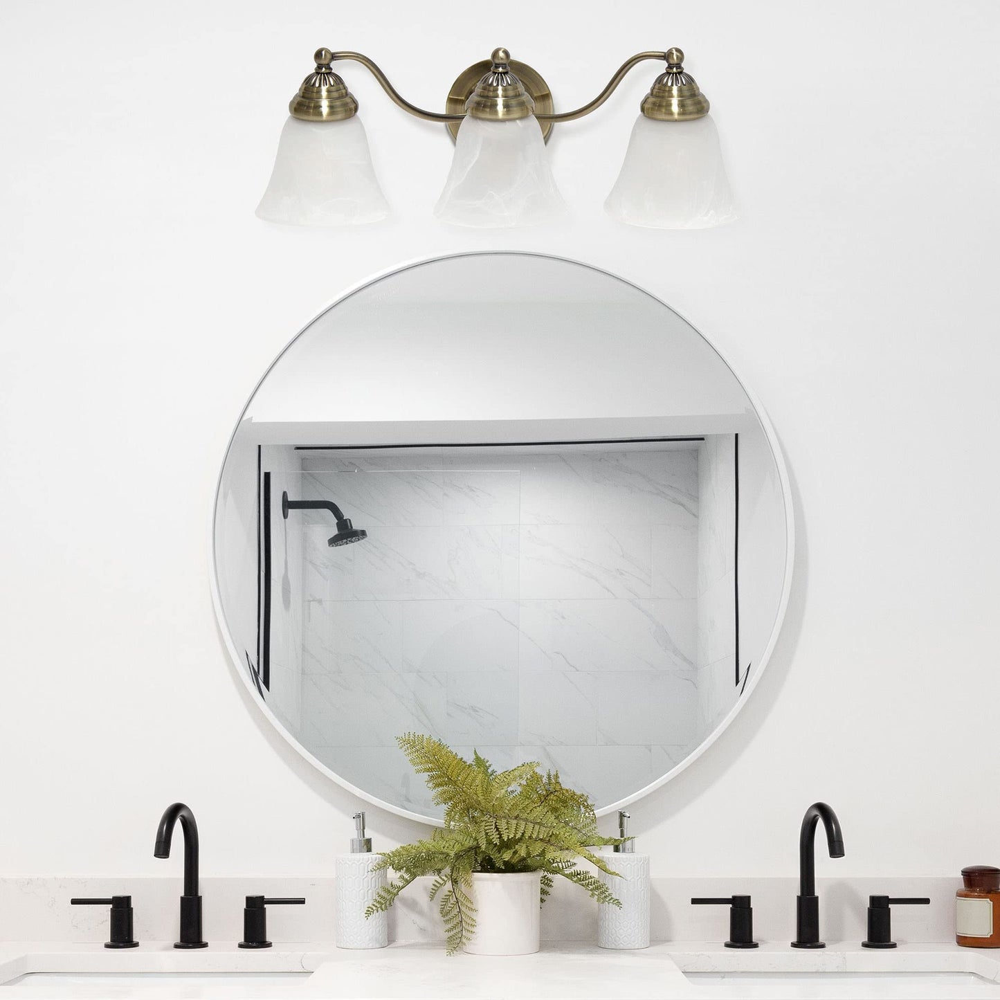 Simple Designs Vanity Fixture - 3 Light Metal with Frosted Marble Glass Shades - Antique Brass - Model VT1023-ABS - 19.25in Width