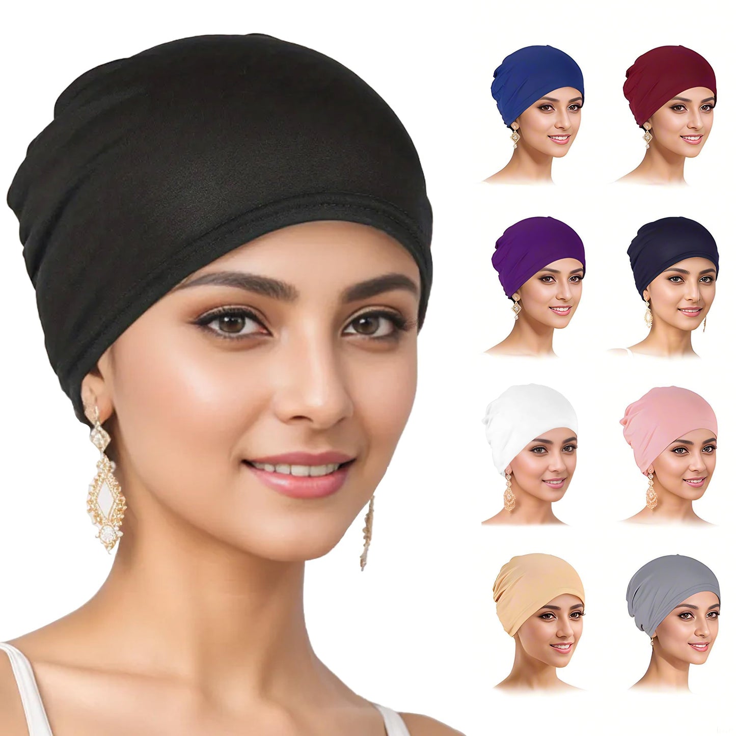 9 Pieces Solid Women Chemo Hat Stretchy Turban Beanie,Pre Tied Chemo Head Scarf Beanie Skull Cover Cap for Women Hair Loss
