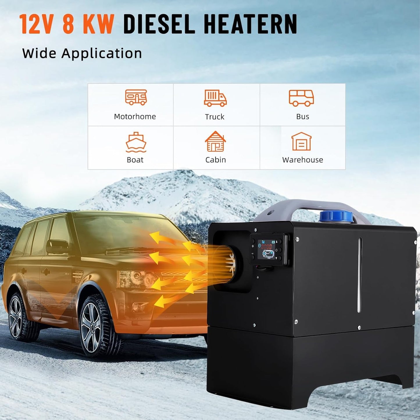Diesel Heater 8KW 12V, All-in-One Diesel Air Heater, Portable Diesel Heater with Remote Control & LCD Monitor, Quick Heating for Car,RV,Truck, Camper,Trailer,Black