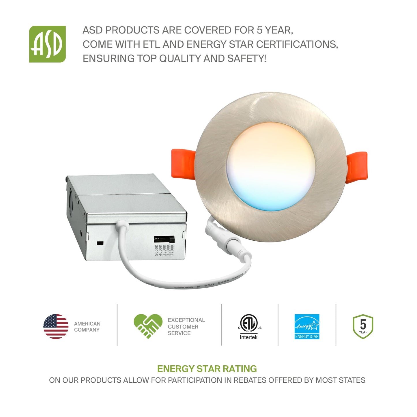 Asd 6 Pack 3 Inch Led Recessed Light 6W 5 Cct 2700K-5000K Cri90+ Ic Rated Ultra Thin Dimmable Ceiling Lights With J Box Canless Wafer Downlight Round Slim Panel Lighting Energy Star Etl Nickel