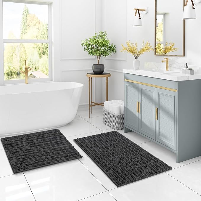Arotive Luxury Chenille Bathroom Rug Mat, Extra Soft Thick Absorbent Shaggy Bath Rugs, Non-Slip Machine Wash Dry, Plush Bath Mats for Bathroom, Shower and Tub, 40x32, Dark Grey