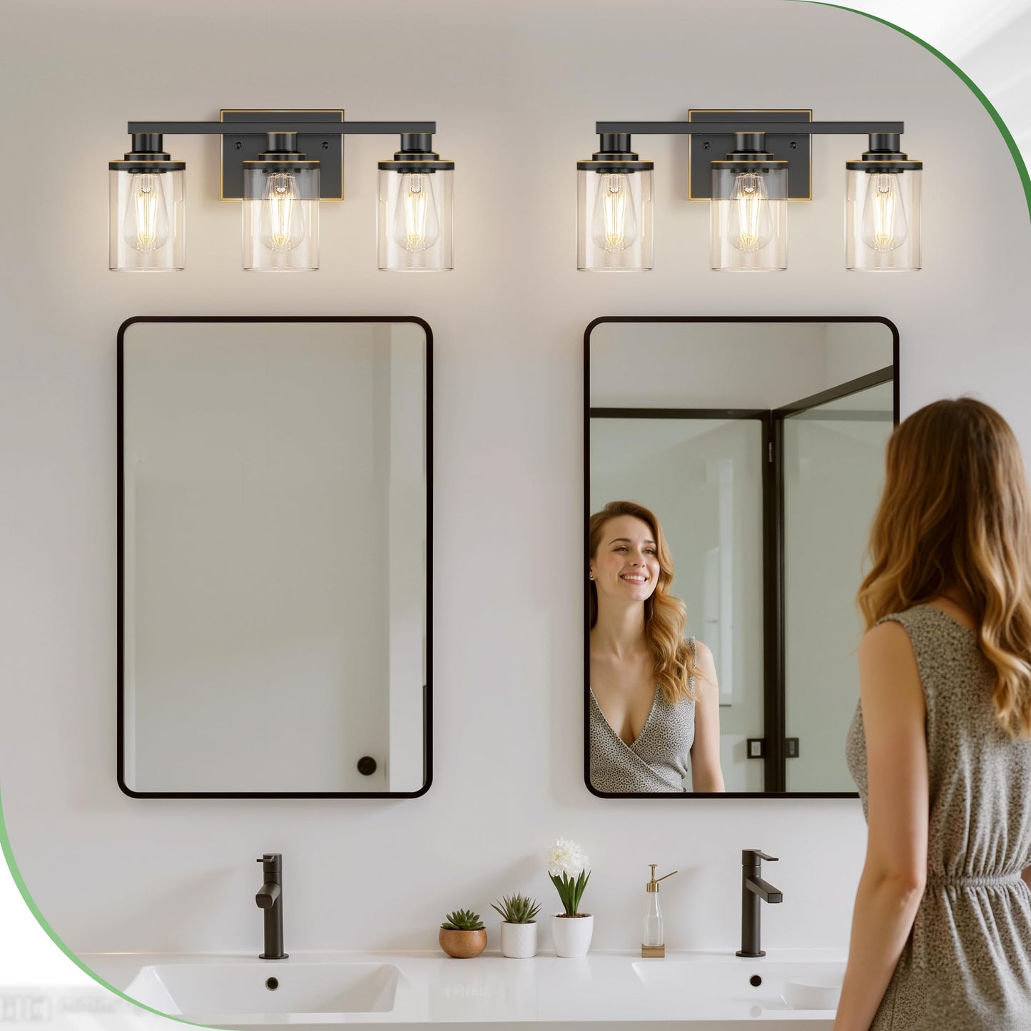 Doresshop 17 Inch Bathroom Light Fixtures 3-Light Black With Gold Trim Bathroom Lighting Fixtures Over Mirror With Clear Glass Shade Vanity Lights For Living Room Bedroom