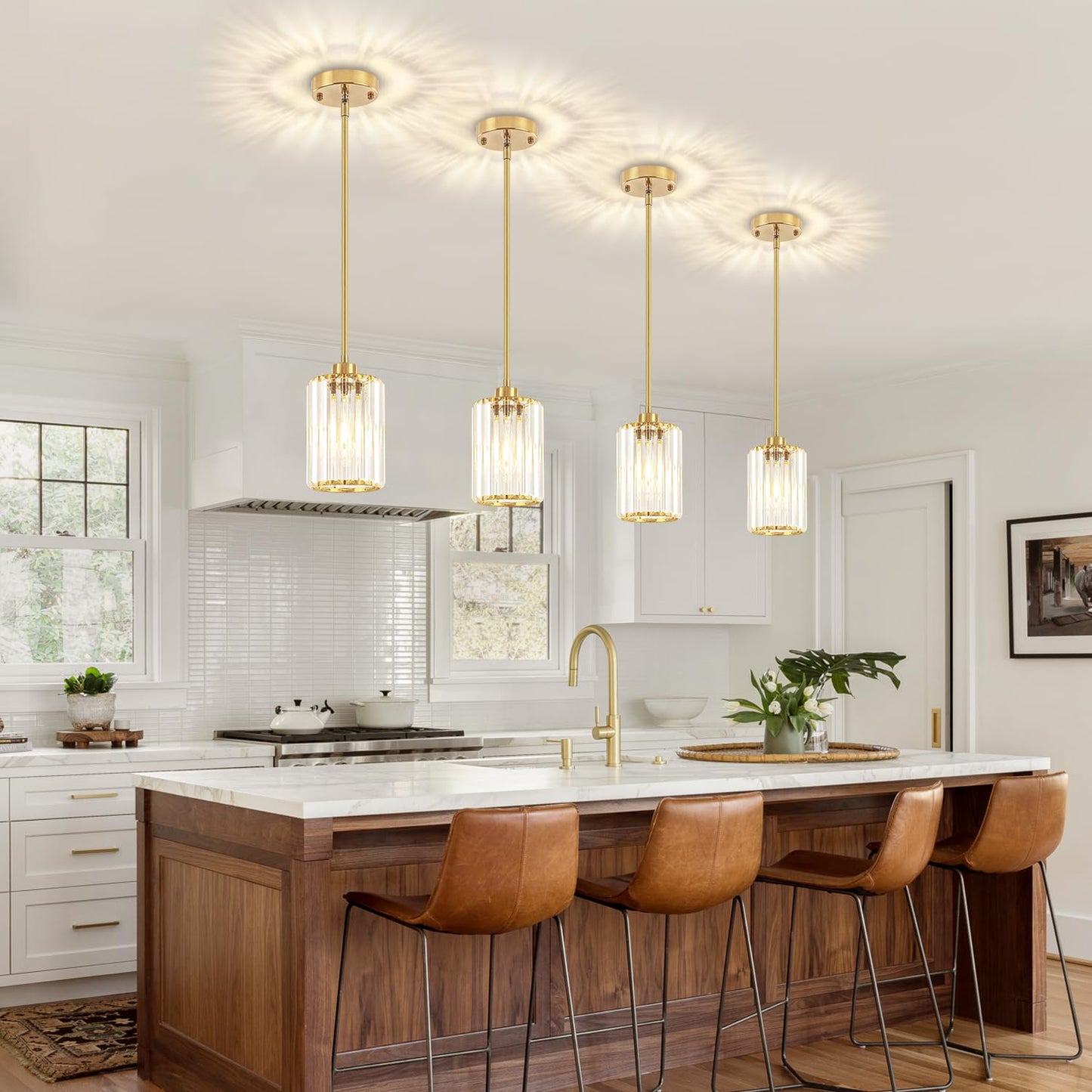 Zsmihdoh Pendant Lights Kitchen Island Modern Brushed Gold Pendant Light Fixtures Kitchen Hanging Lights Mini Chandelier Crystal Pendant Lighting For Island Dining Room Hallway Bedroom