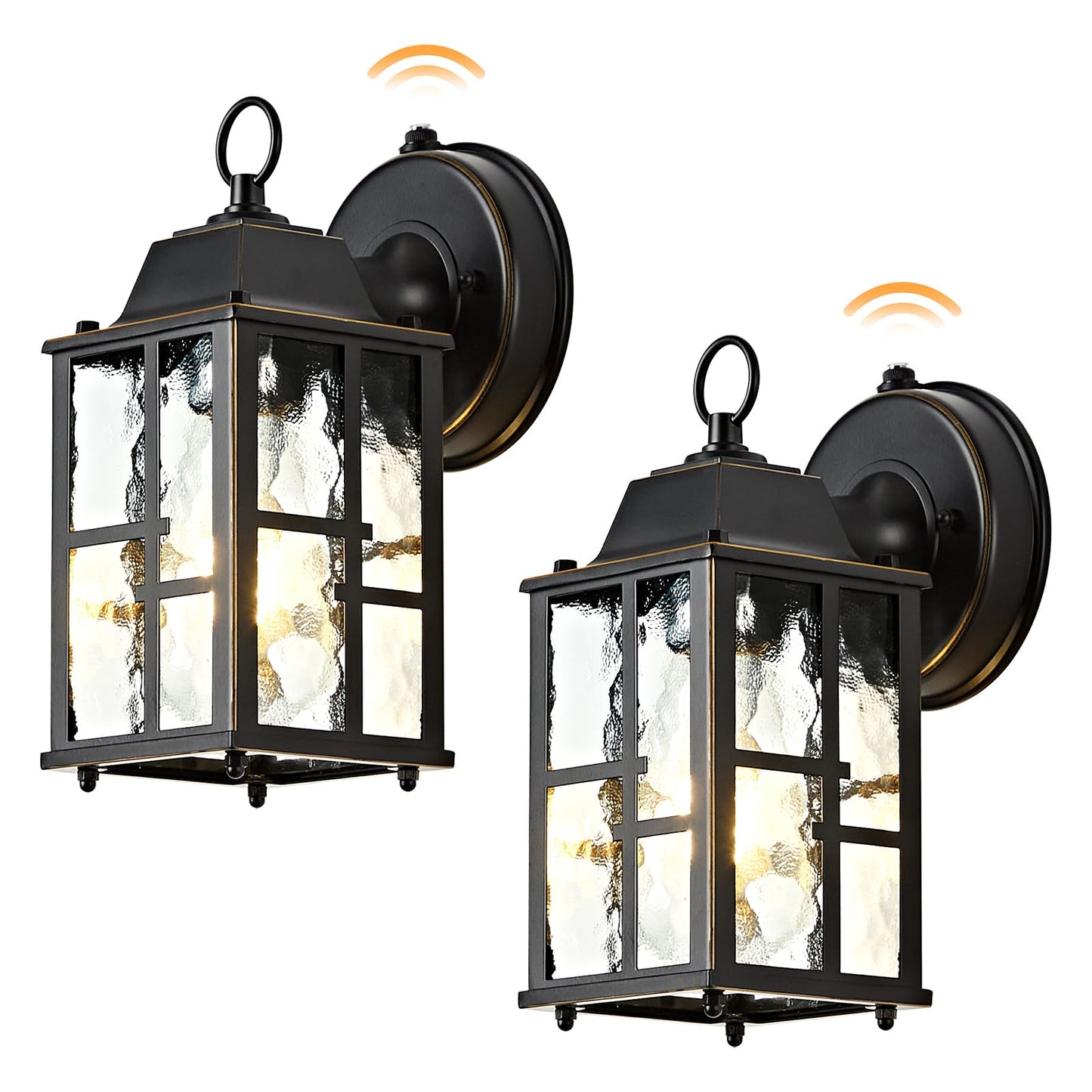 Okeli 2-Pack Dusk To Dawn Outdoor Wall Lights Weatherproof Exterior Lighting Fixture Wall Mount Aluminum Ripple Glass Porch Light Anti-Rust Outside Wall Sconce For House Garage(Black&Gold-Trim)