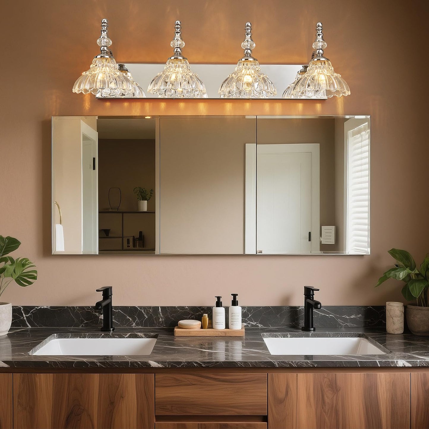 Lbsqj Vintage Bathroom Vanity Light 4-Light Chrome Vanity Lighting Fixture With Flower Glass Shade Bathroom Lighting Fixtures Over Mirror
