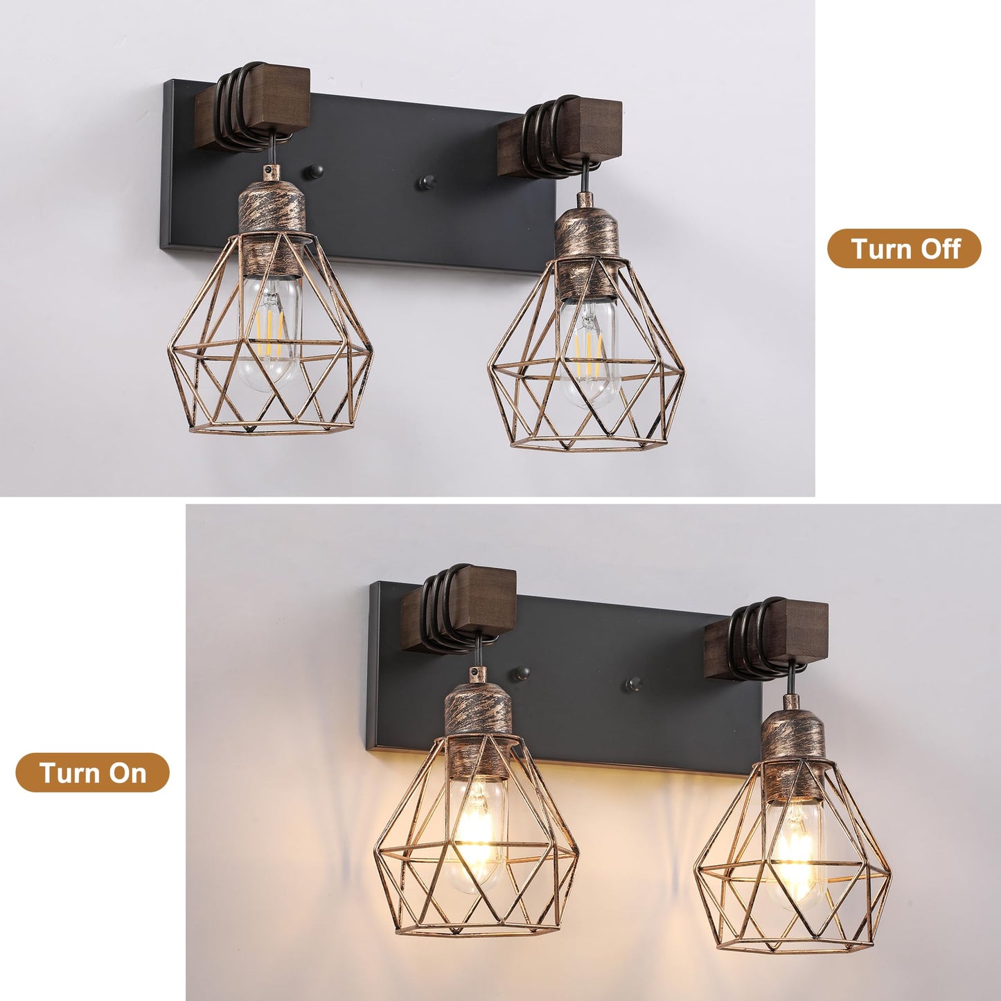 Farmhouse Bathroom Vanity Light Fixtures 2-Light Wood Bathroom Light Fixtures Over Mirror Rustic Sconces Wall Lighting With Elegant Metal Lampshade For Living Room Bedroom Hallway
