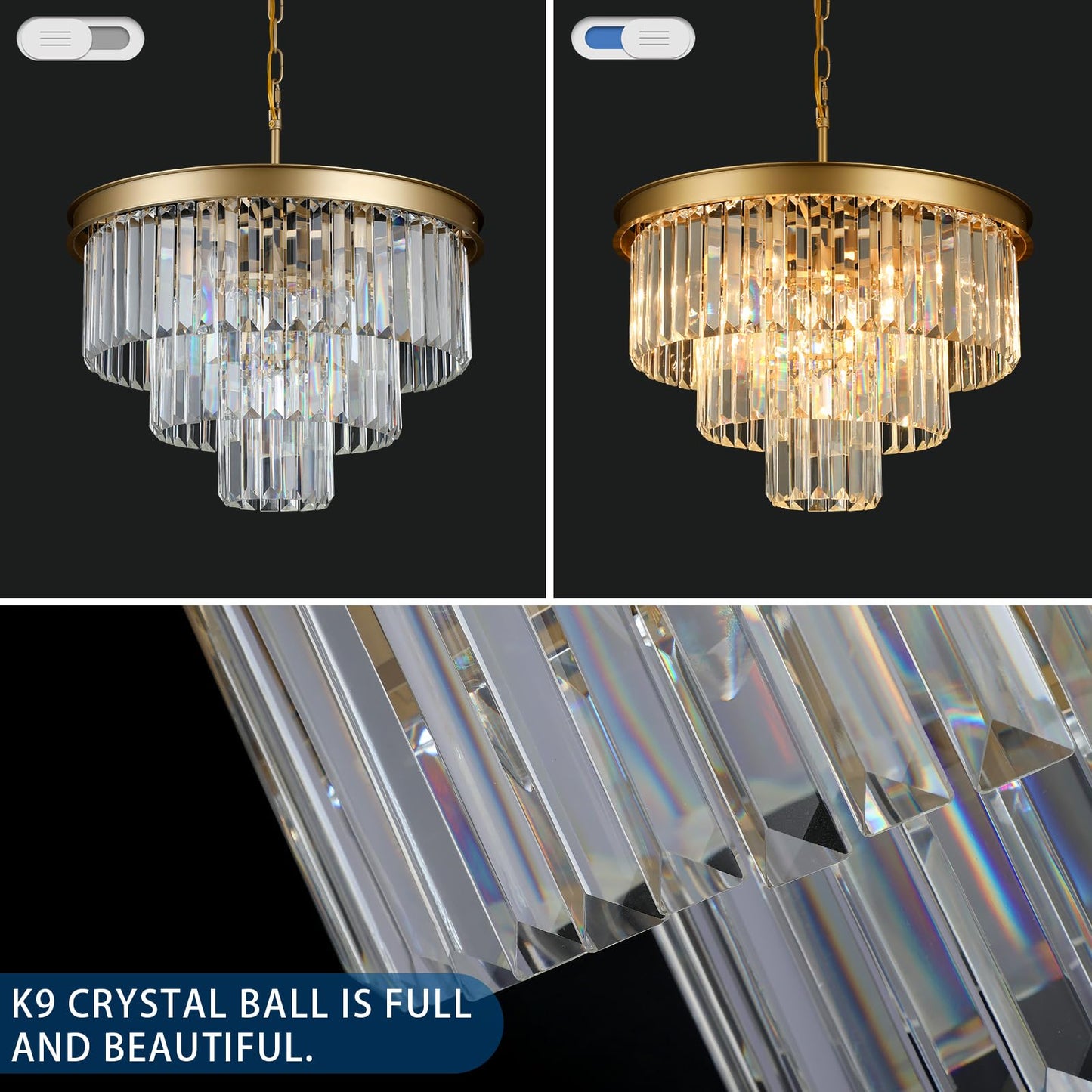 Weesalife Crystal Chandeliers For Dining Room Lights Fixtures 9 Lights Gold Modern Chandeliers For Bedroom 3-Tier Round Crystal Lighting Fixtures For Living Room Entryway Kitchen Island D20 Inch