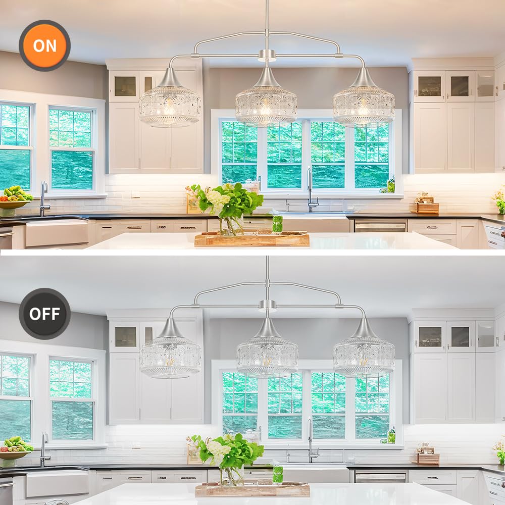 3-Light Island Light For Kitchen Adjustable Farmhouse Kitchen Island Lighting With Clear Glass Brushed Nickel Dining Room Light Fixture Over Table Linear Chandelier Pendant Lighting Over Sink