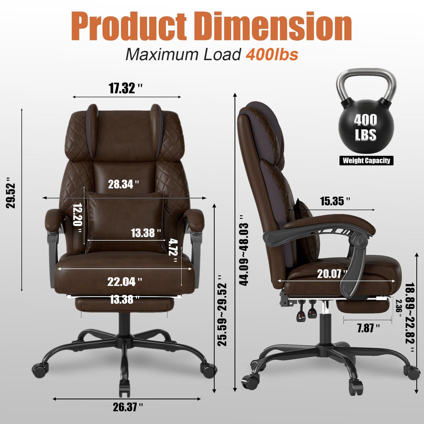 Ergonomic Office Chair with Footrest, 400lbs High Back Executive Home Office Computer Chair with Unique Ear-Shape Headrest for Neck Support,Coffee Leather Office Chairs for Home Office Work