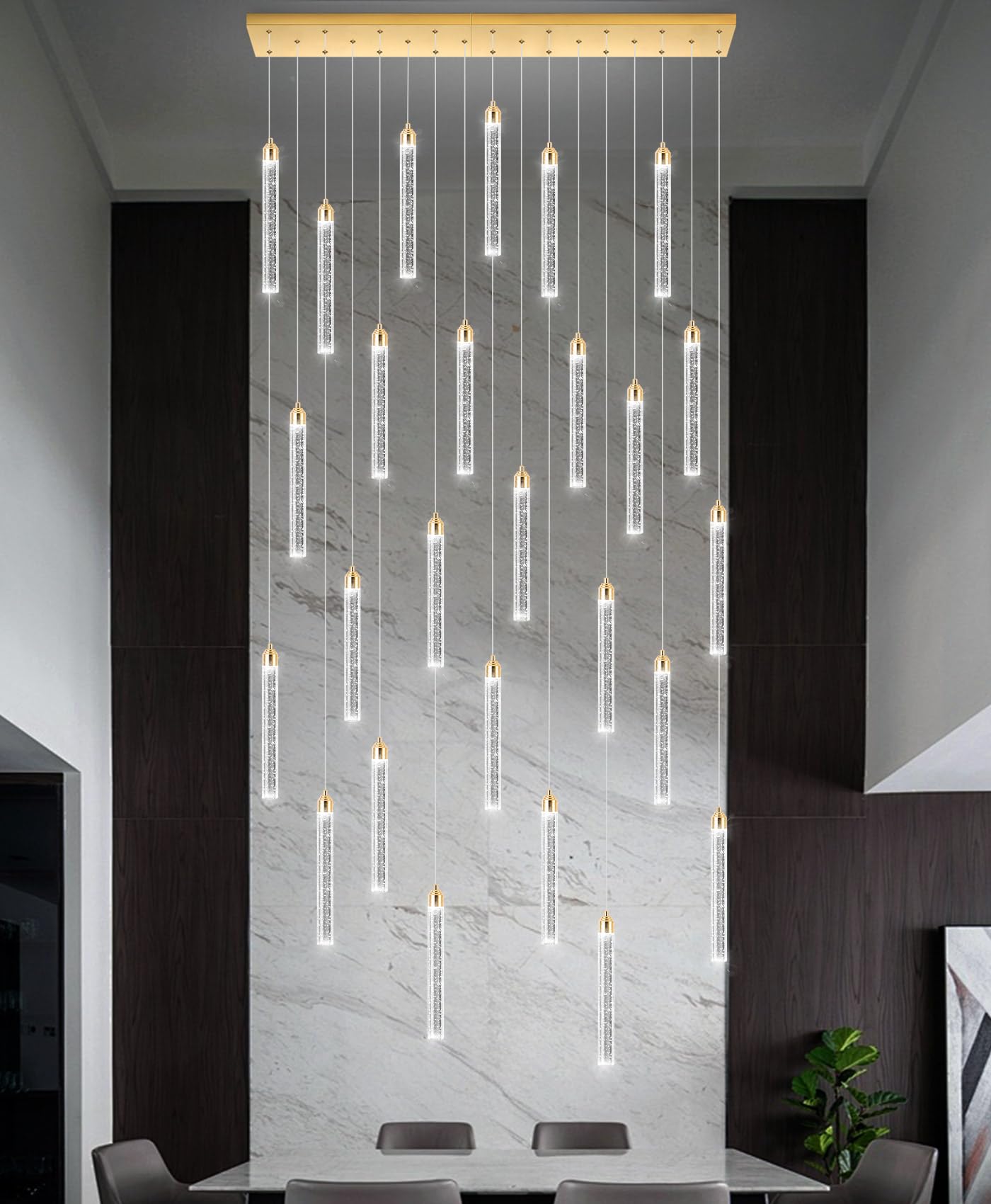Rectangular Chandeliers 26-Lights Long Light For Entryway Led Dimmable Chandeliers Lighting Fixture Flat Sloped High Ceiling Pendant Lights Crystal For Living Room Foyer Hallway Staircase Gold