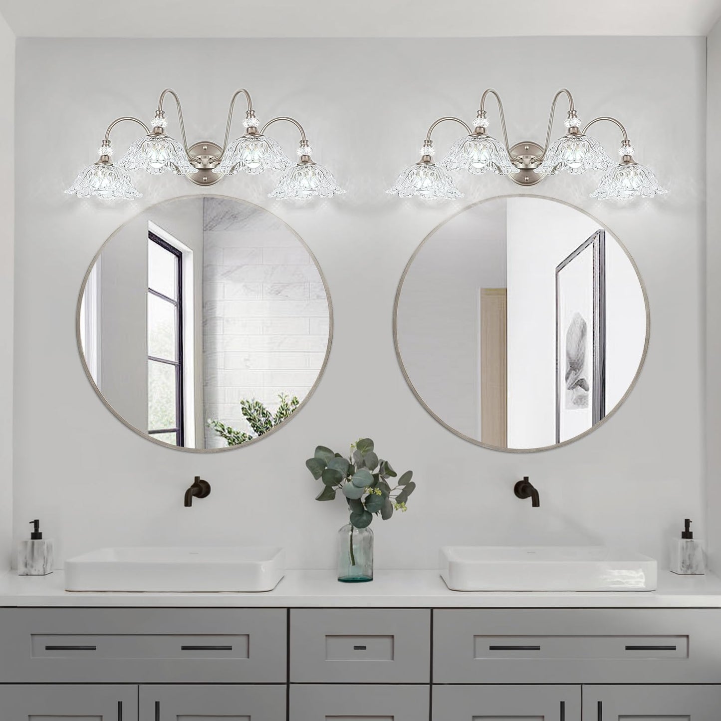 Brushed Nickel Bathroom Vanity Light 4-Light Vanity Light With Floral Clear Glass Shades Brushed Nickel Wall Mount Lighting For Bathroom Dressing Table
