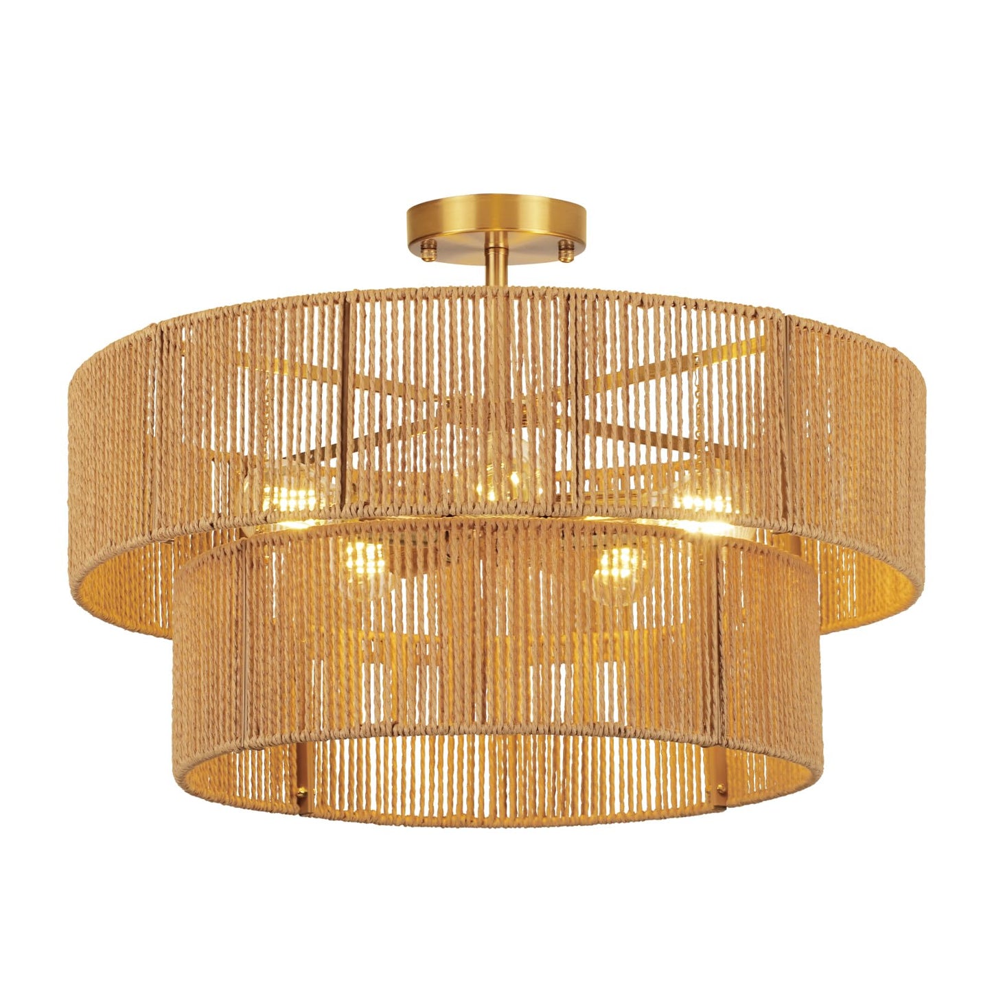 Clarsyne 22 Boho 2-Tier Rattan Ceiling Light Fixture 5-Light Flush Mount Woven Chandelier For Bedroom Dining Room Kitchen Entryway Living Room Rustic Gold Lighting
