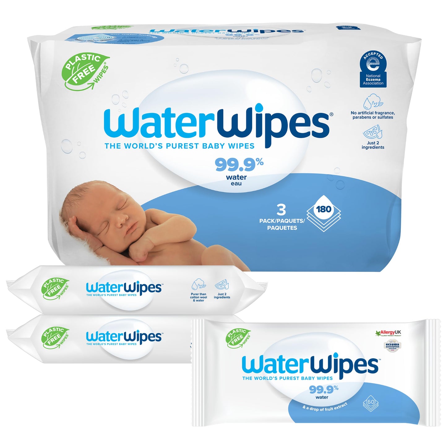 WaterWipes Plastic-Free Original-baby Wipes, 99.9% Water Based Wipes, Unscented & Hypoallergenic for Sensitive Skin, 60 Count (Pack of 9) Total 540 wipes, Packaging May Vary